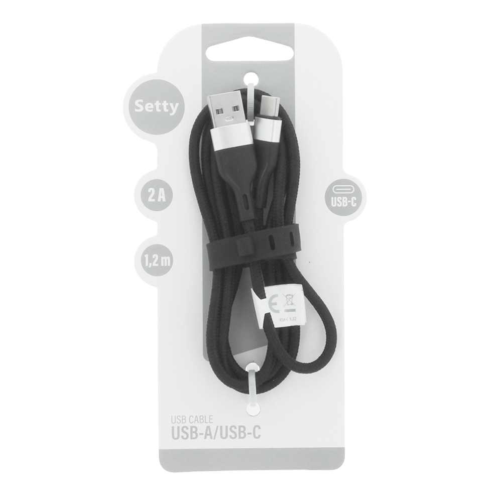 Opakowany kabel USB-A do USB-C, długość 1,2 m, moc 2A.