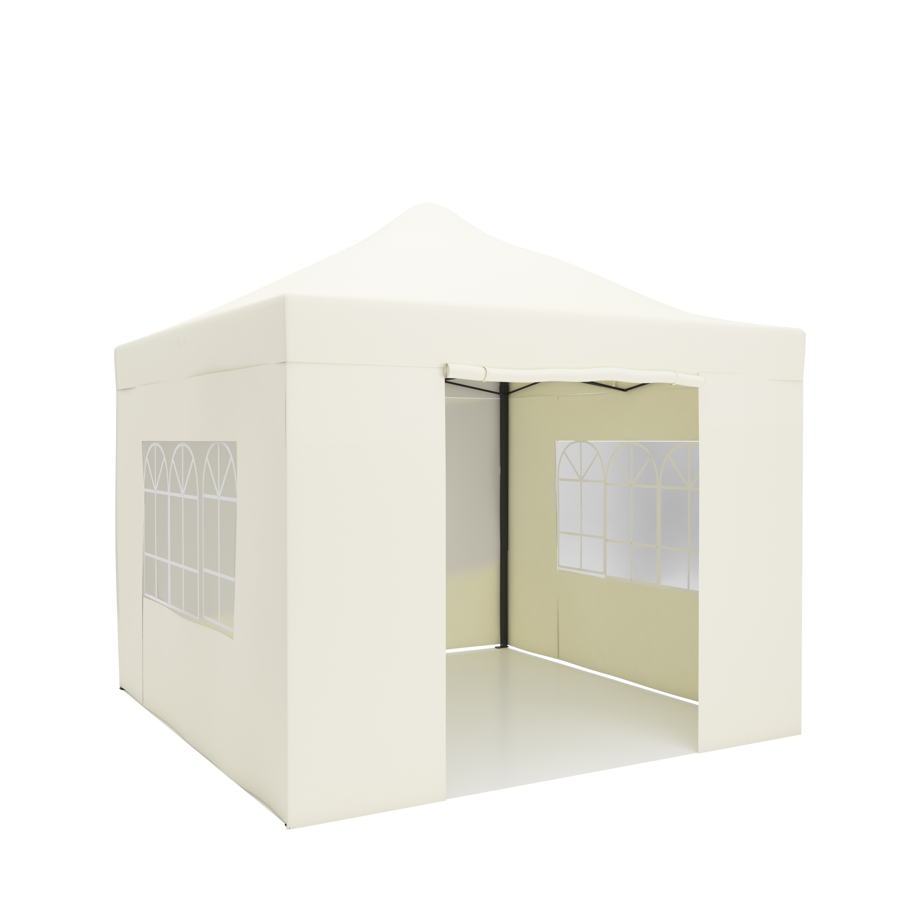 A cream-colored gazebo with windows and an open side.