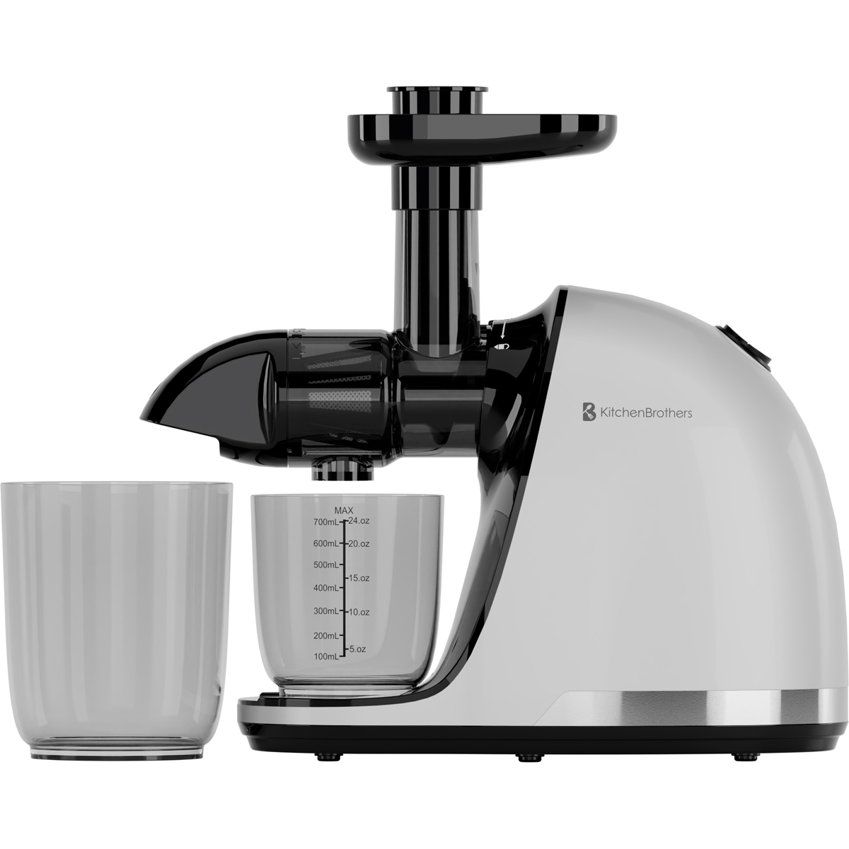 A white juicer with a black chute and two clear containers beside it.