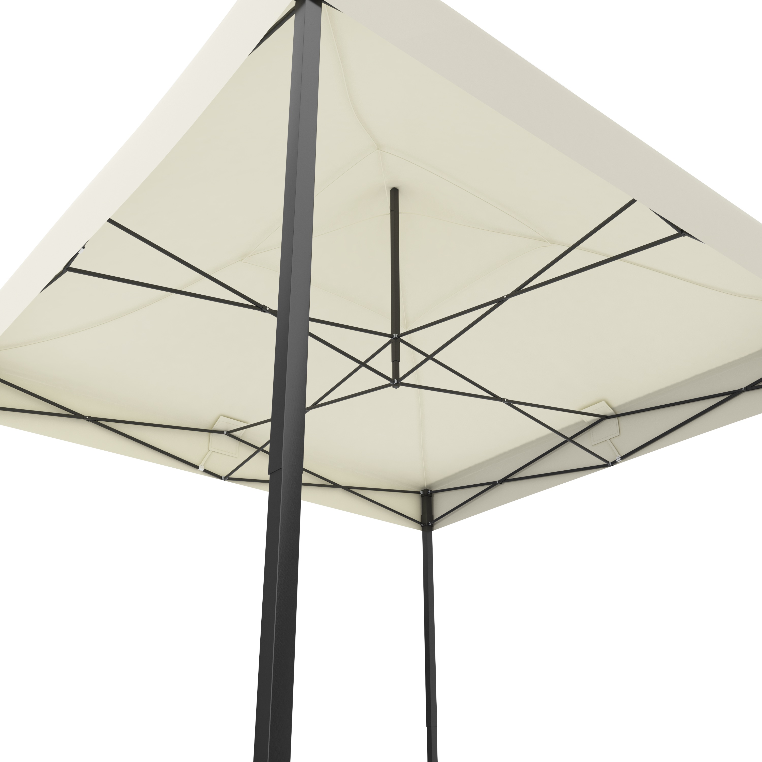 Underside of a cream-colored gazebo with a black metal frame.
