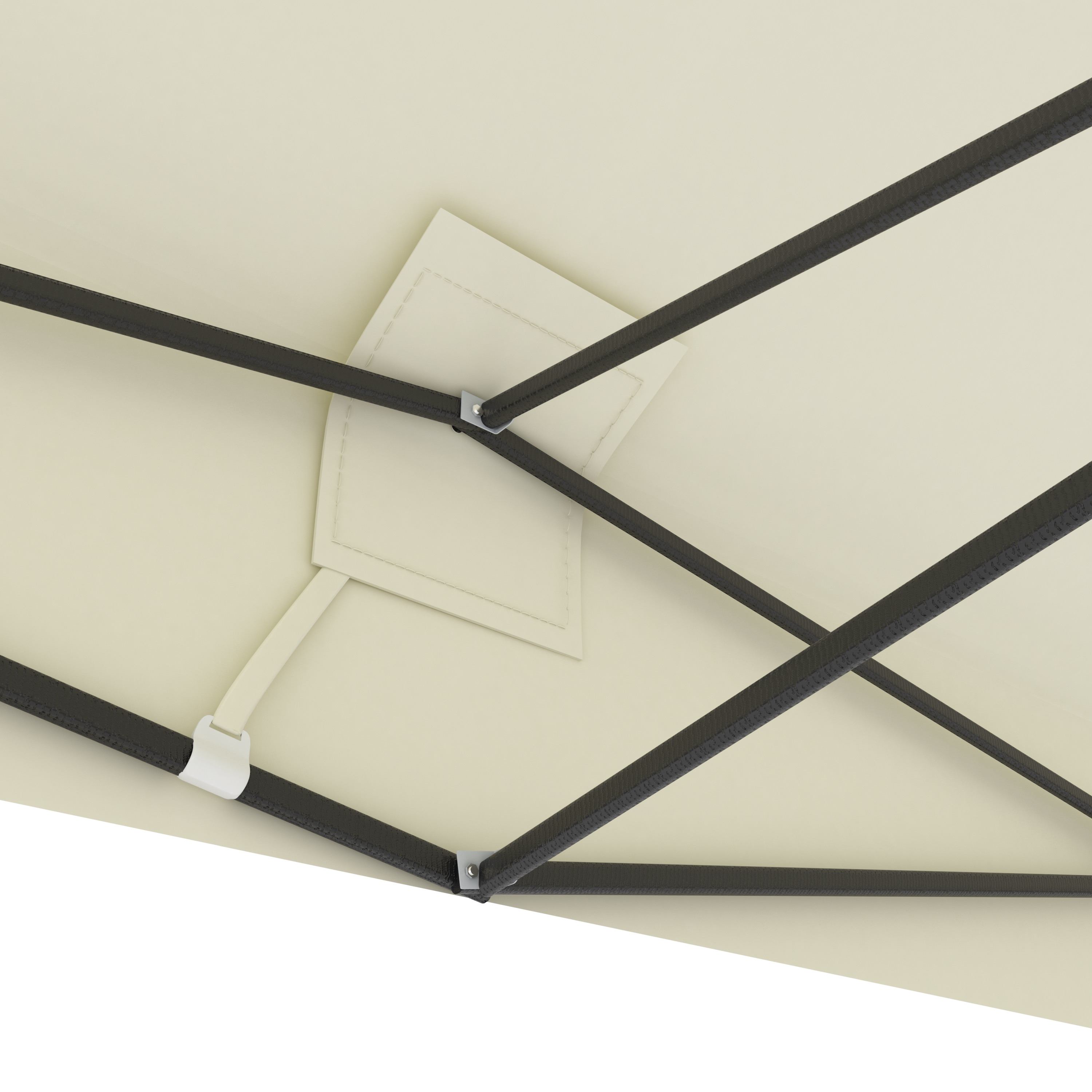 Underside of a beige canopy with a black metal frame structure.