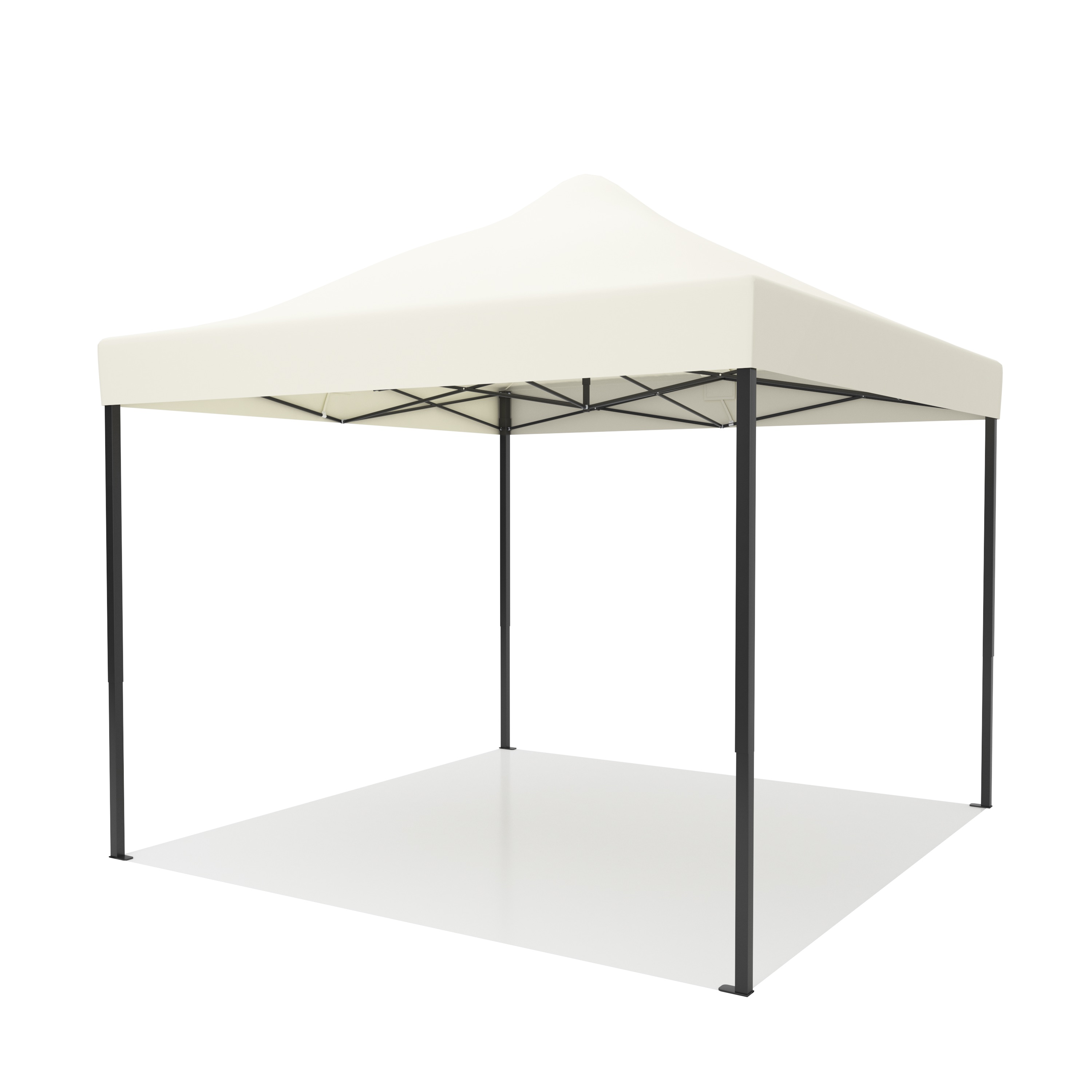 A white canopy tent with a black metal frame on a white surface.