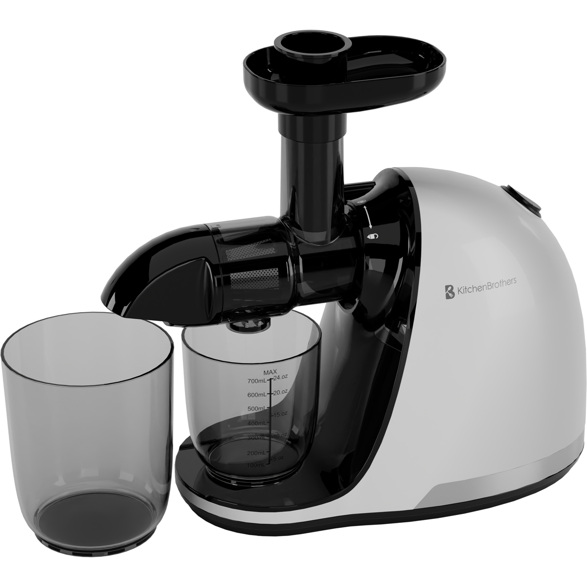 A silver and black juicer with two transparent containers.