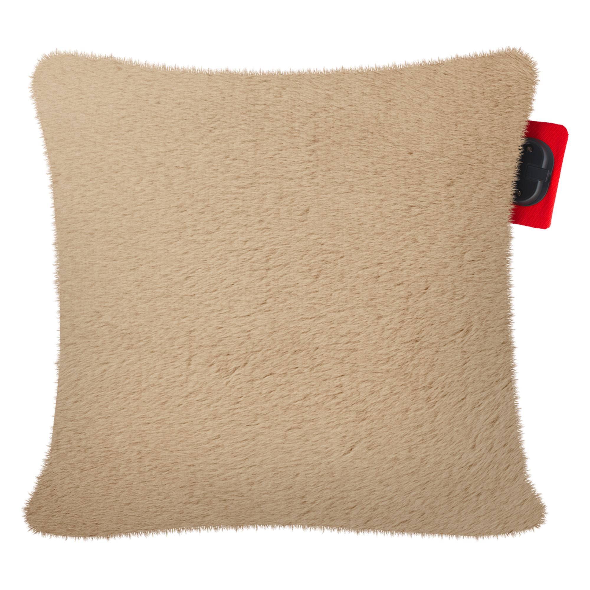 A beige faux fur pillow with a red tag on the right side.