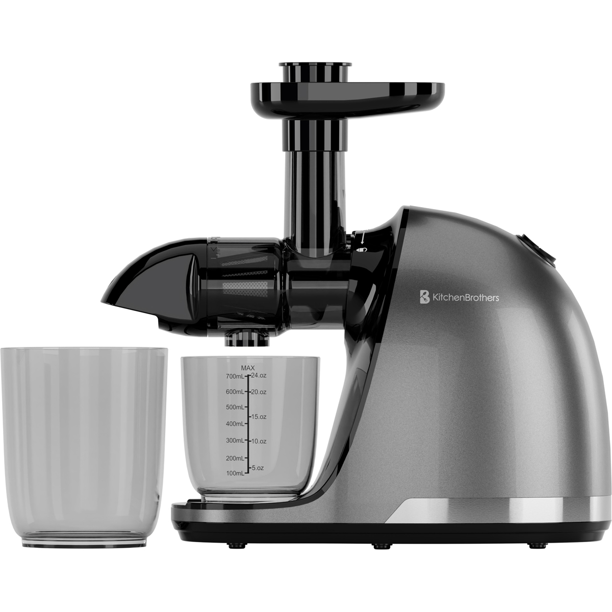 Gray juicer with black chute and two containers.