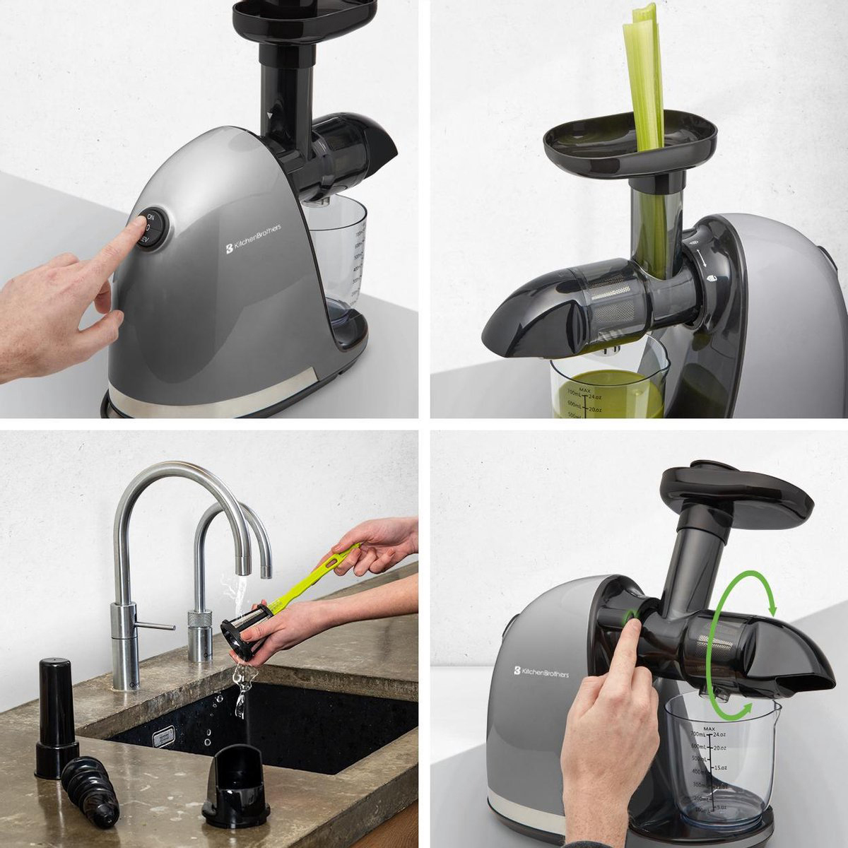 A juicer is shown being operated and cleaned.