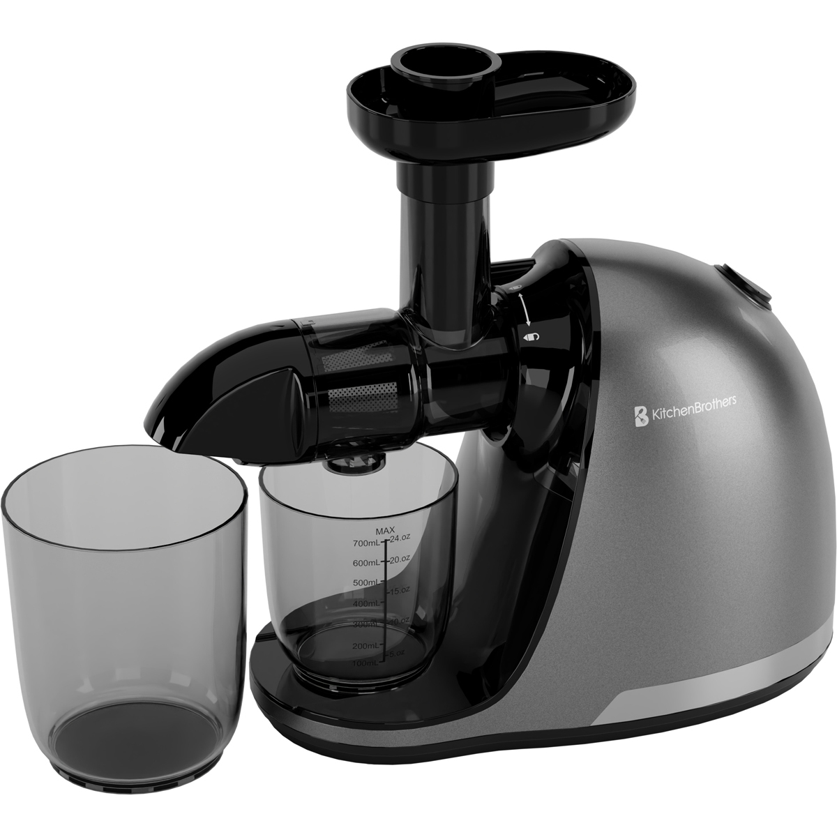 A gray juicer with black details and two collection cups.