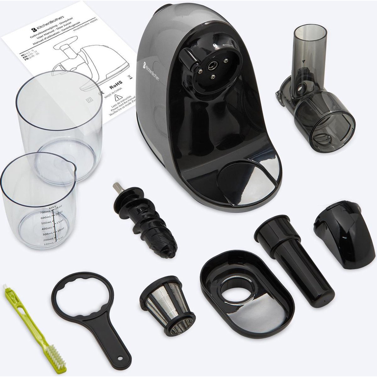 Juicer parts: main unit, cups, auger, filter, pusher, brush, and wrench.