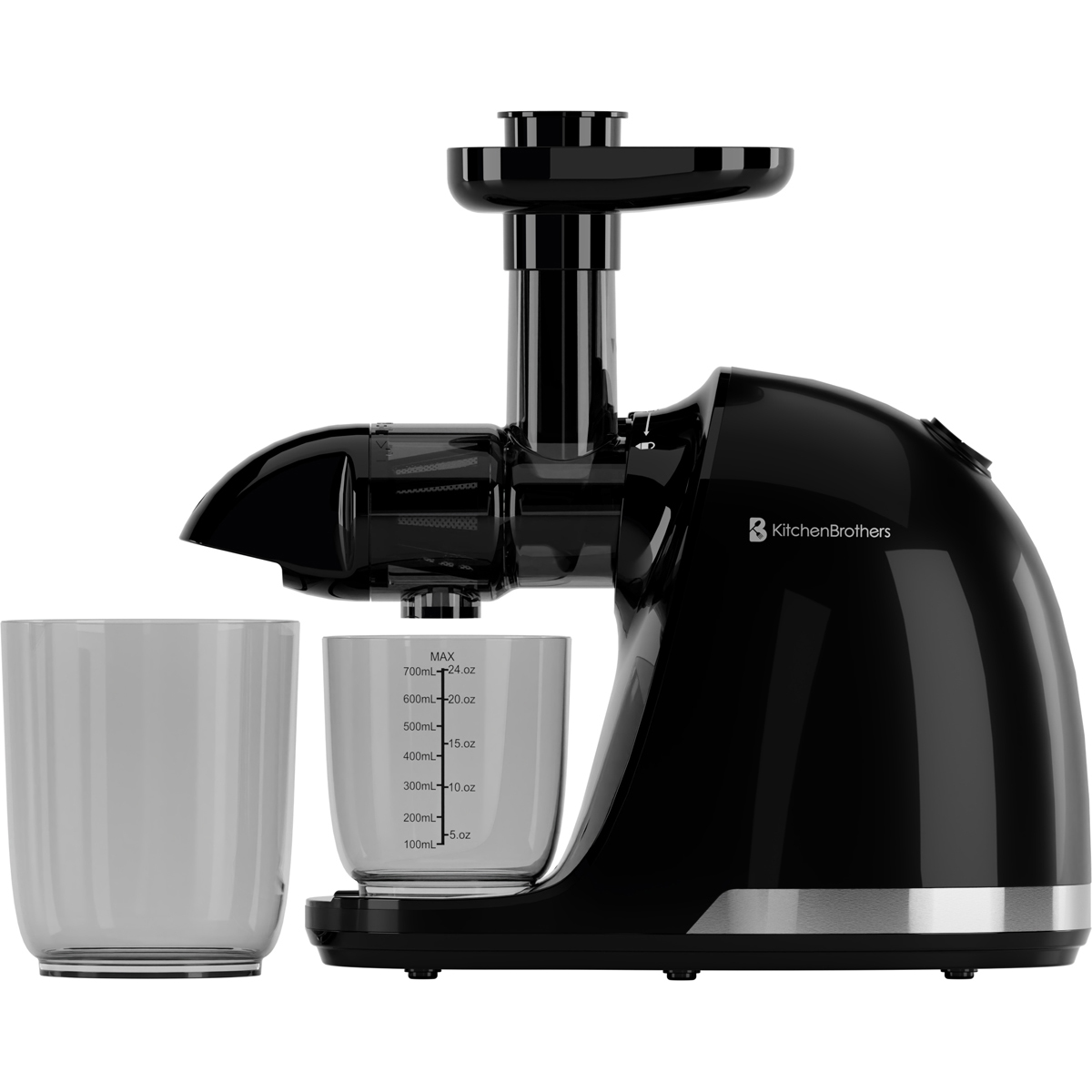 A black KitchenBrothers juicer with two containers, a measuring cup to the side.