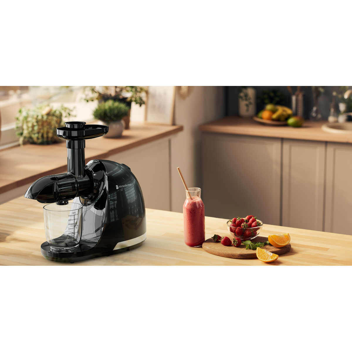 A black juicer sits on a wooden counter next to a smoothie, strawberries, and orange slices.