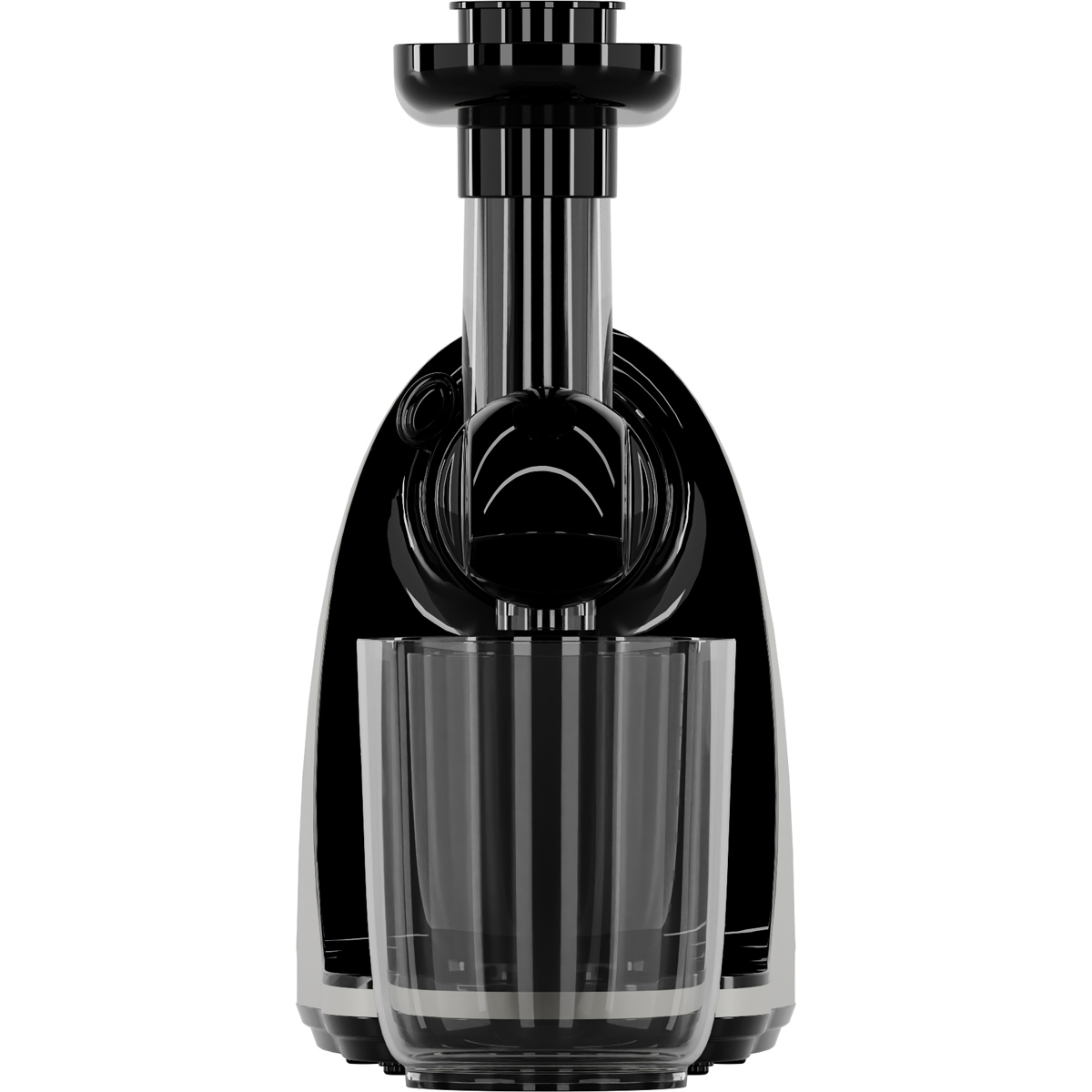 Black juicer with glass on a white background.