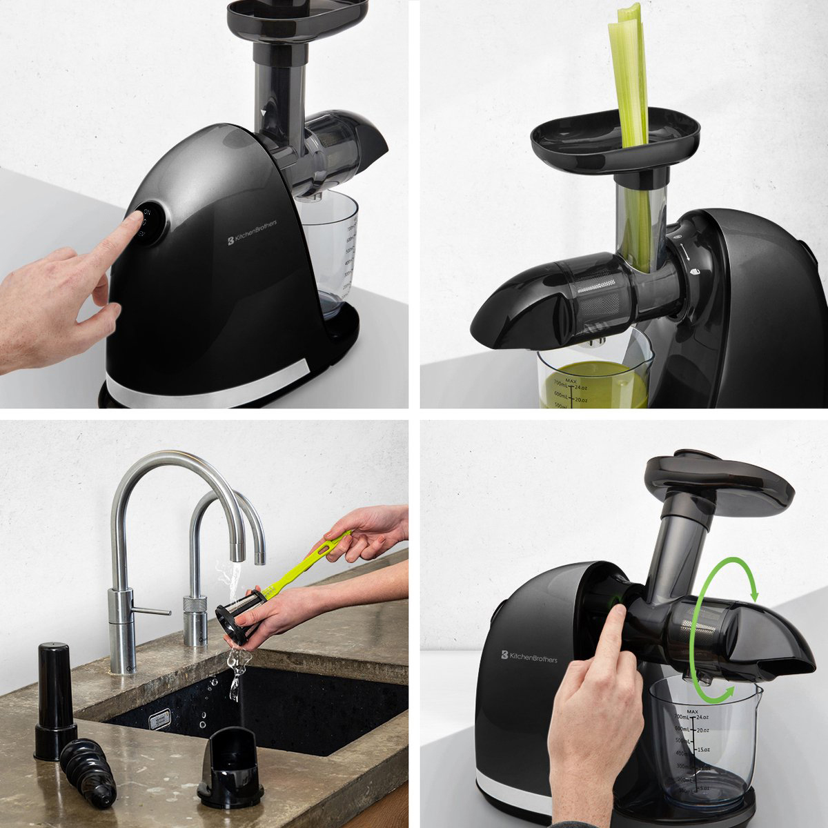 A black juicer is shown in four steps: operation, juice production, cleaning, and assembly.