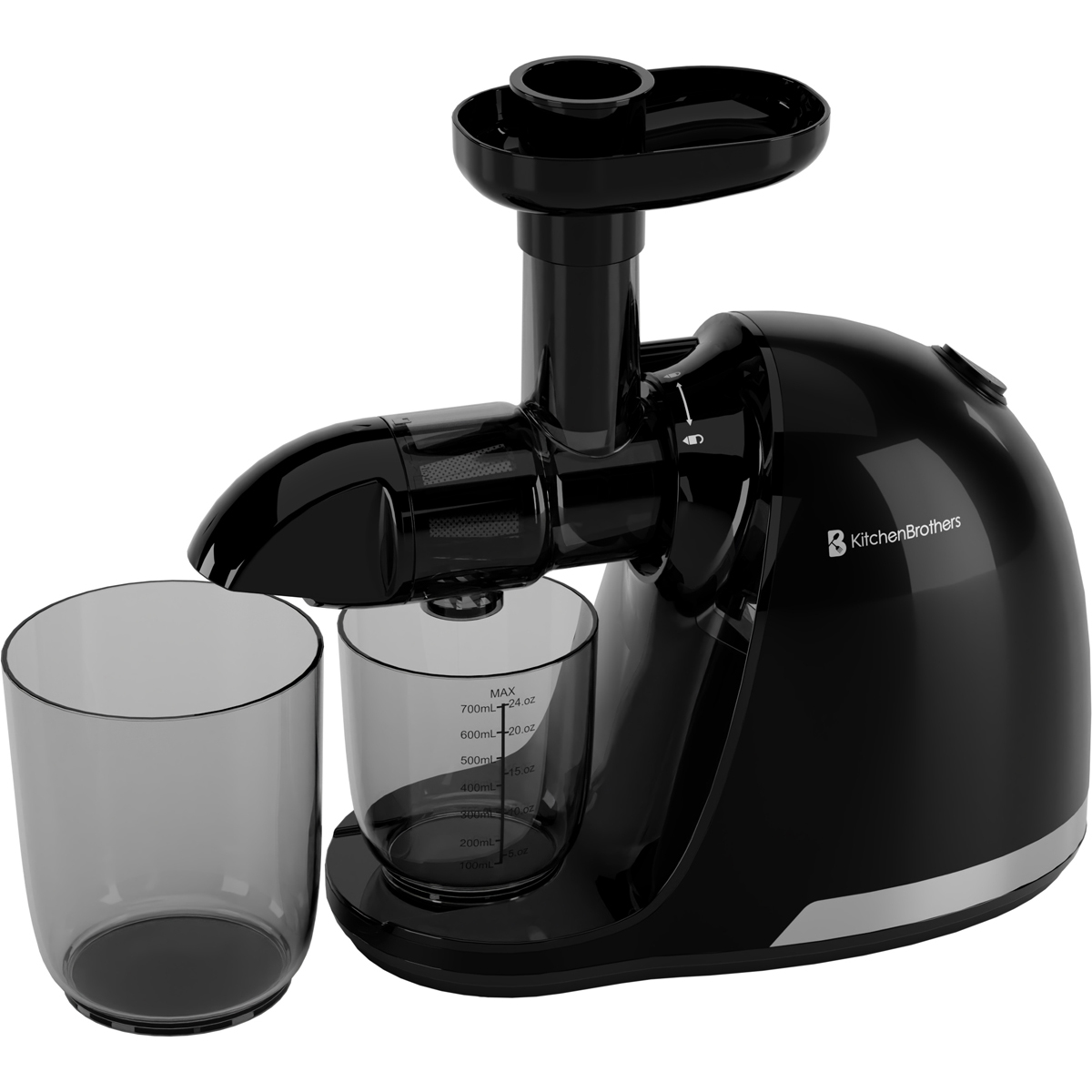 Black KitchenBrothers juicer with two containers.