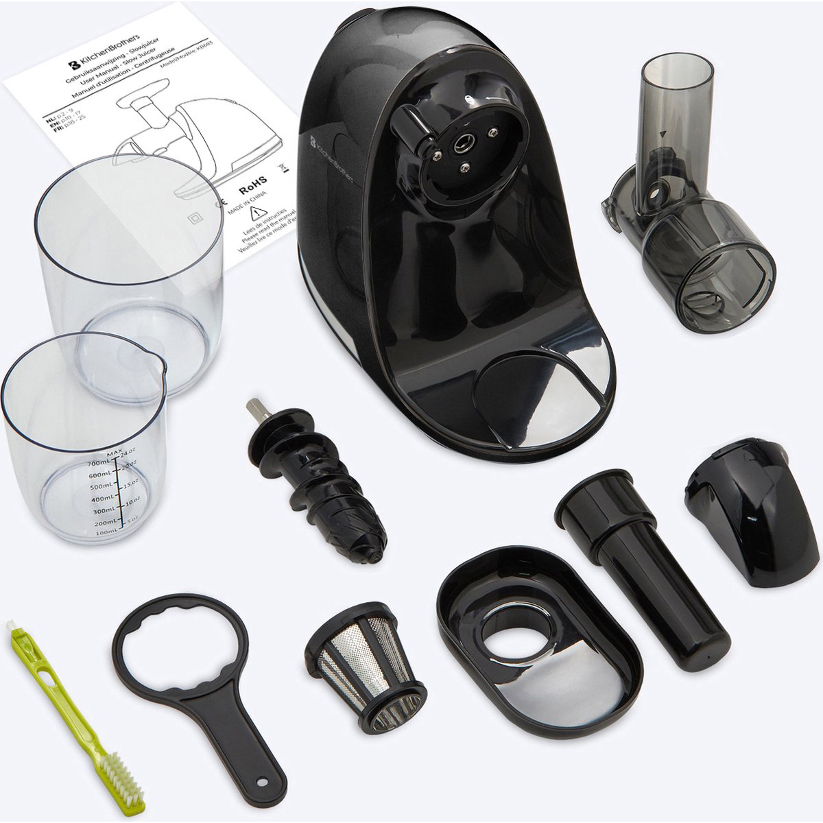 Juicer parts: base, auger, container, filter, pusher, cleaning brush, and manual.