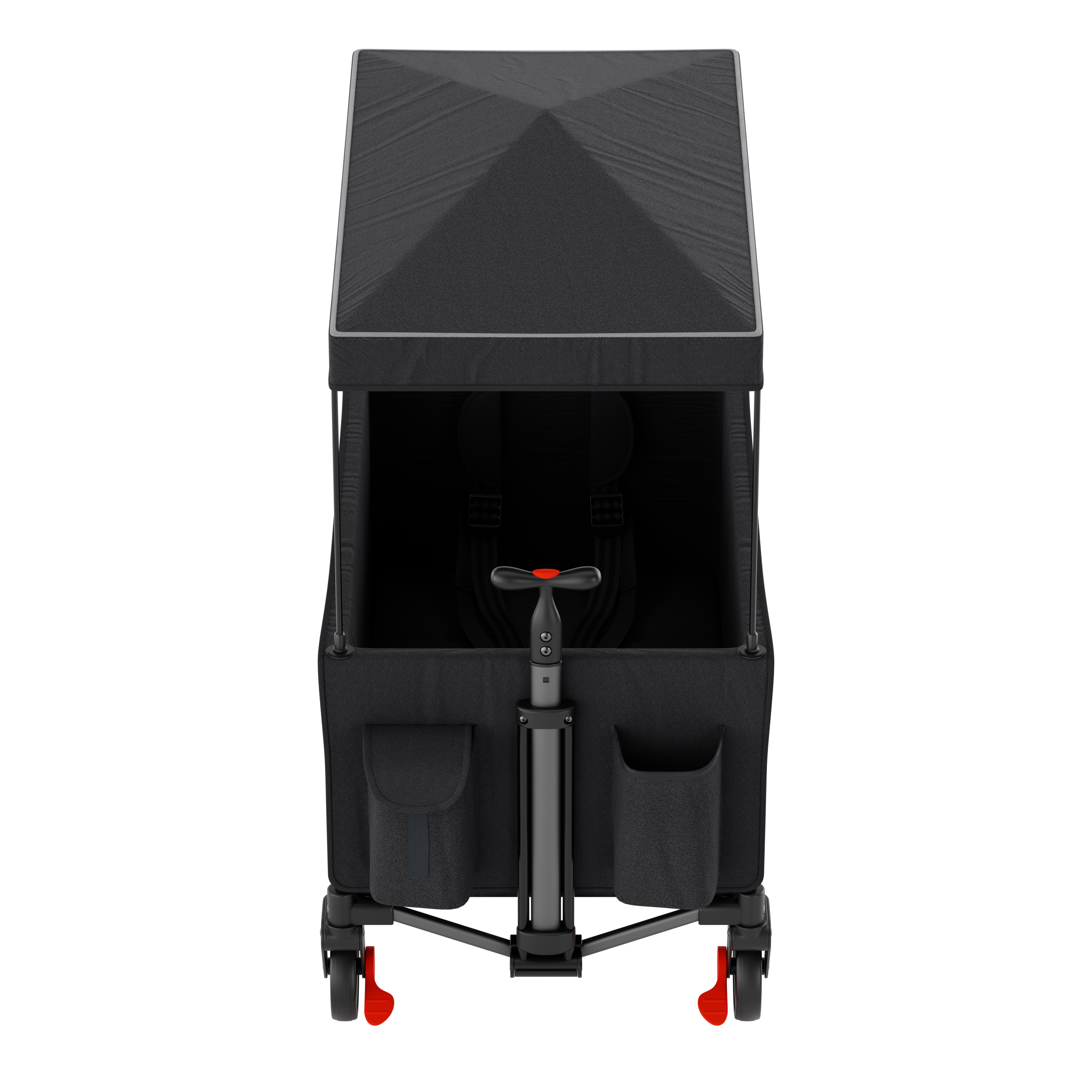 A black wagon with a canopy, handle, and red wheels.