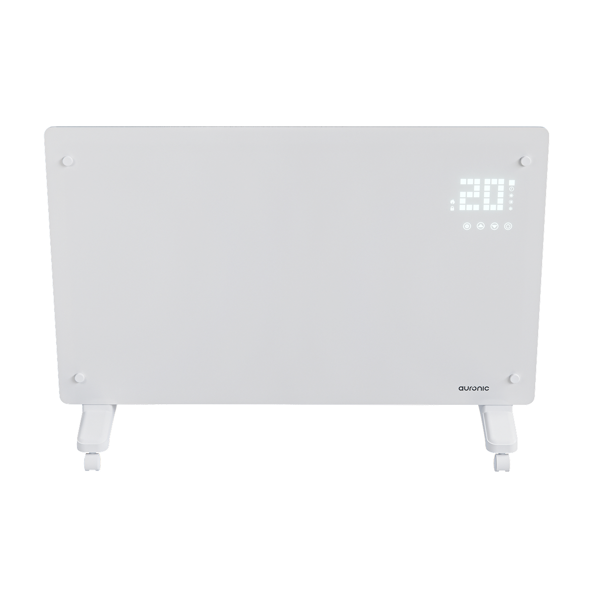 Een witte, platte paneelverwarming met een digitaal display dat 20 graden en bedieningselementen toont.