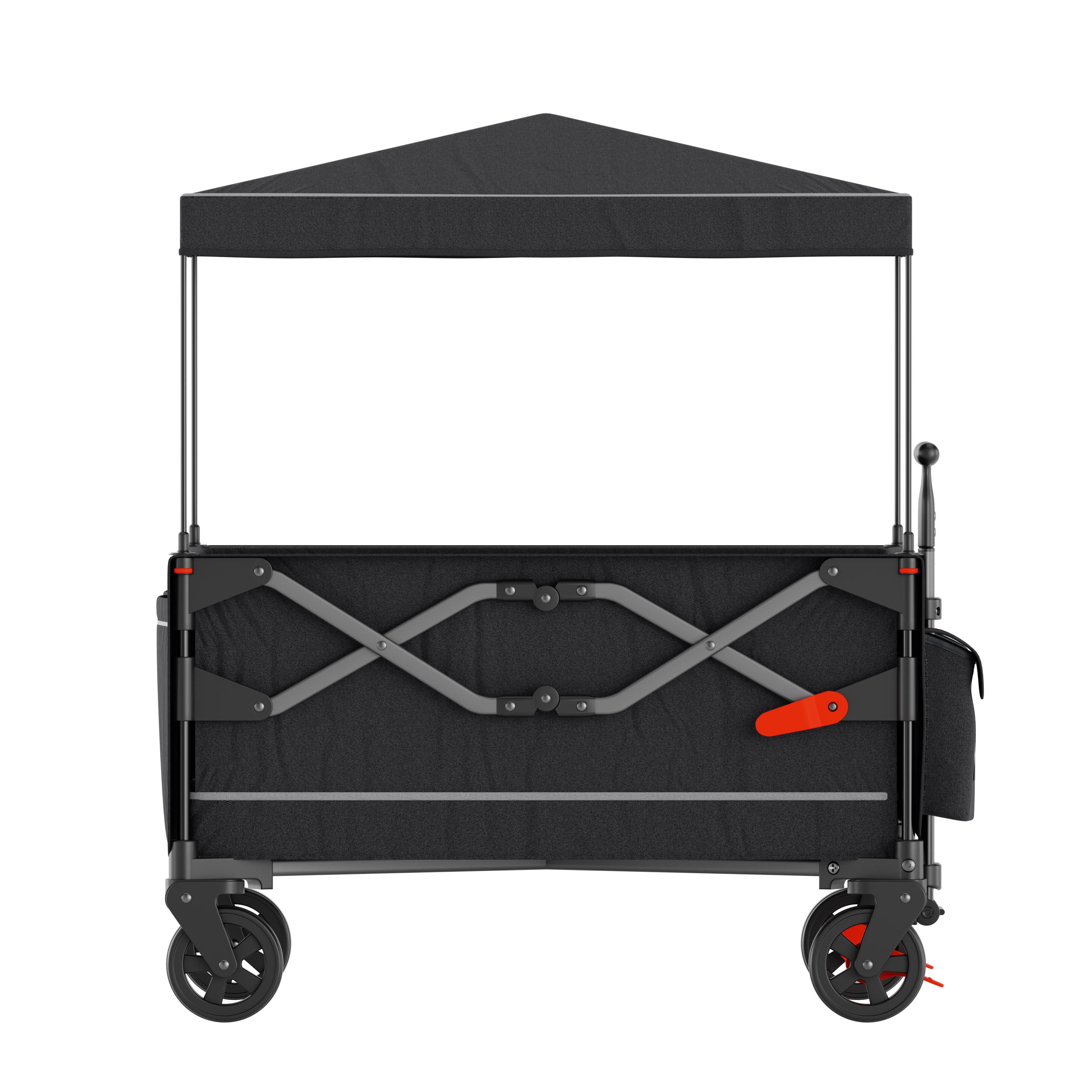 A black folding wagon with a canopy, standing on four wheels.