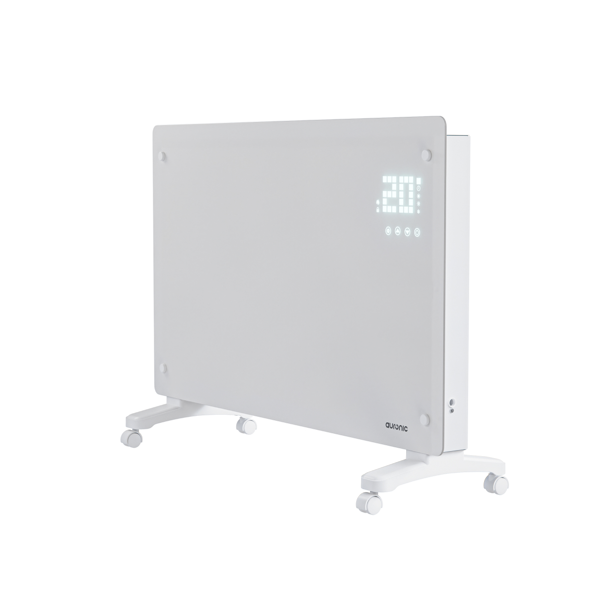 Een witte elektrische paneelverwarmer met wielen toont 20 graden en iconen.