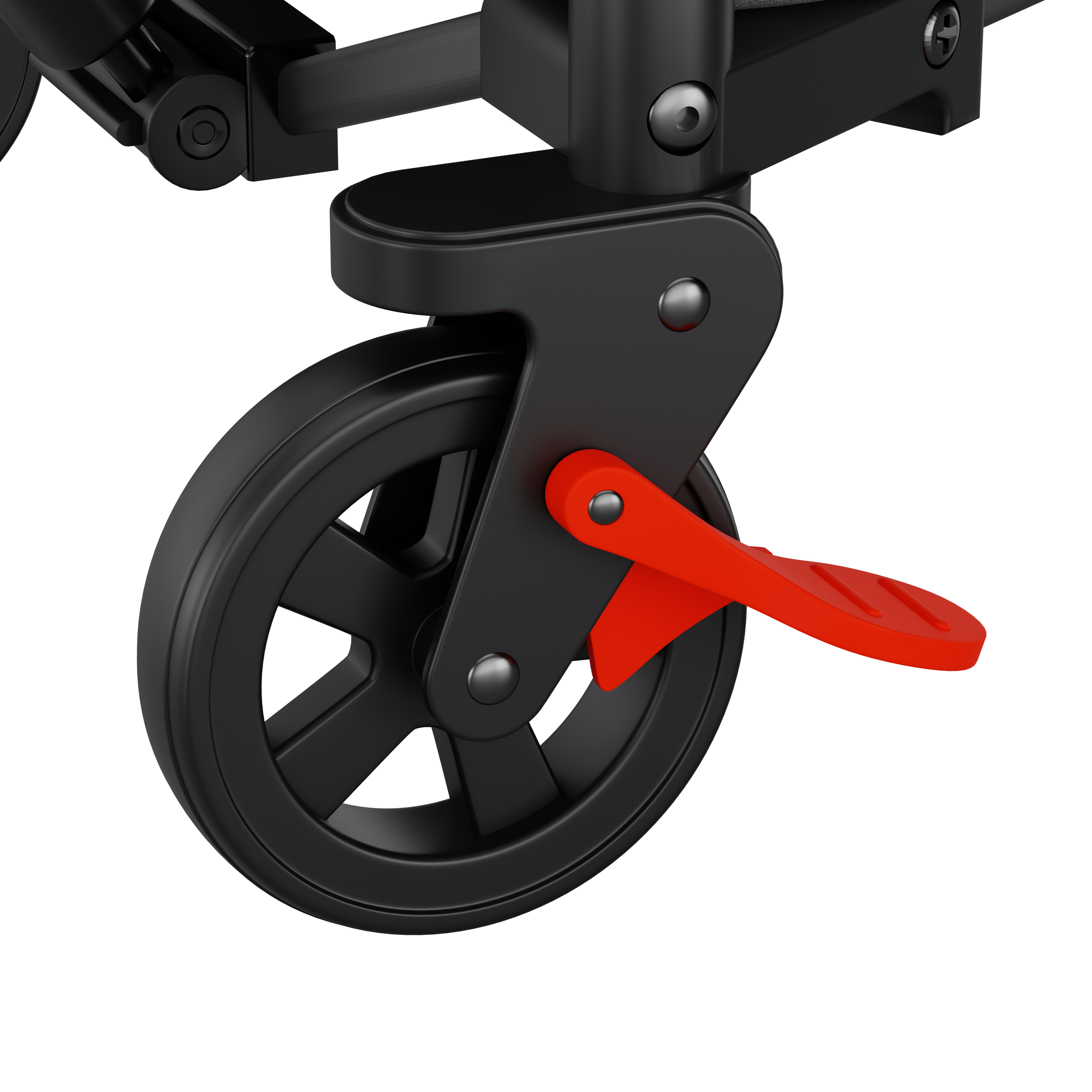 Close-up of a black wheel with a red lever on a stroller.