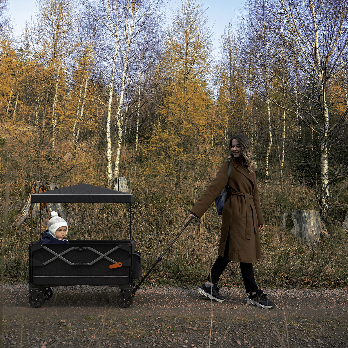 Woman pulls a wagon with a child through an autumn forest path.