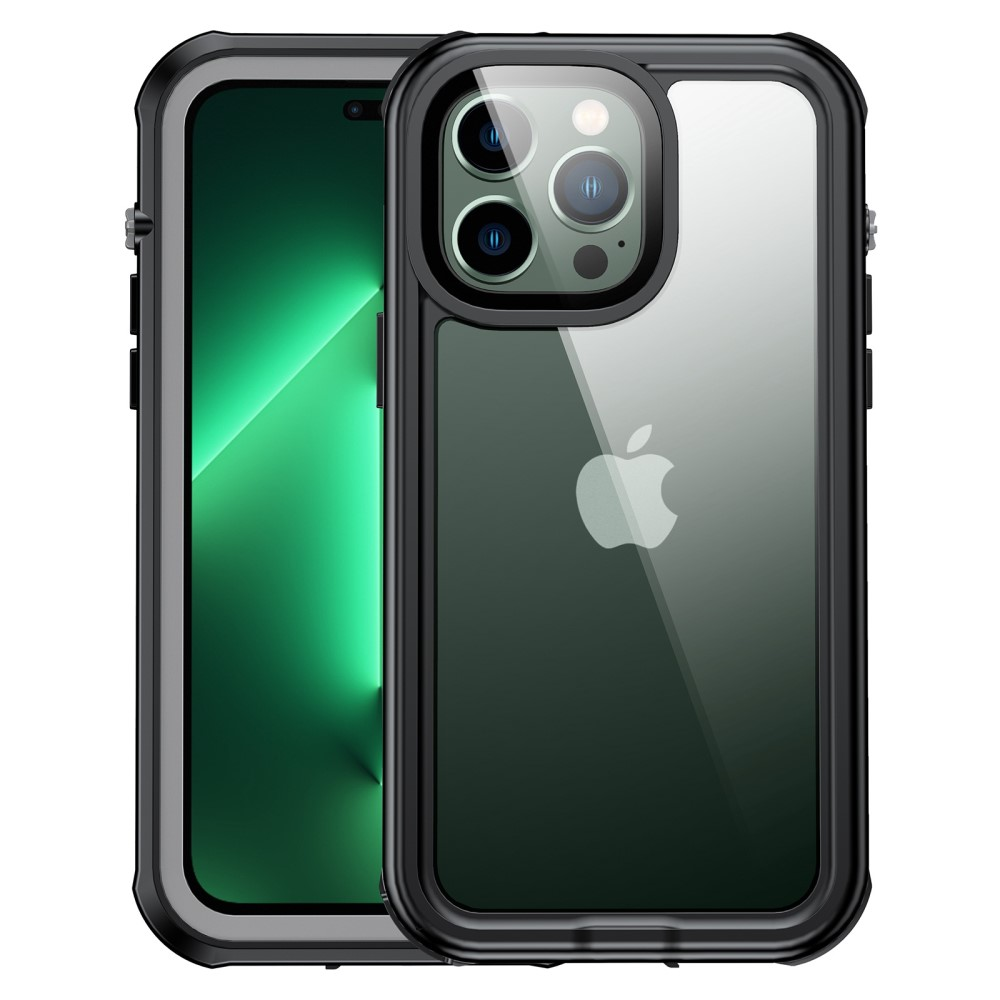 Schwarzes iPhone-Schutzgehäuse mit transparentem Rückenteil und Apple-Logo.