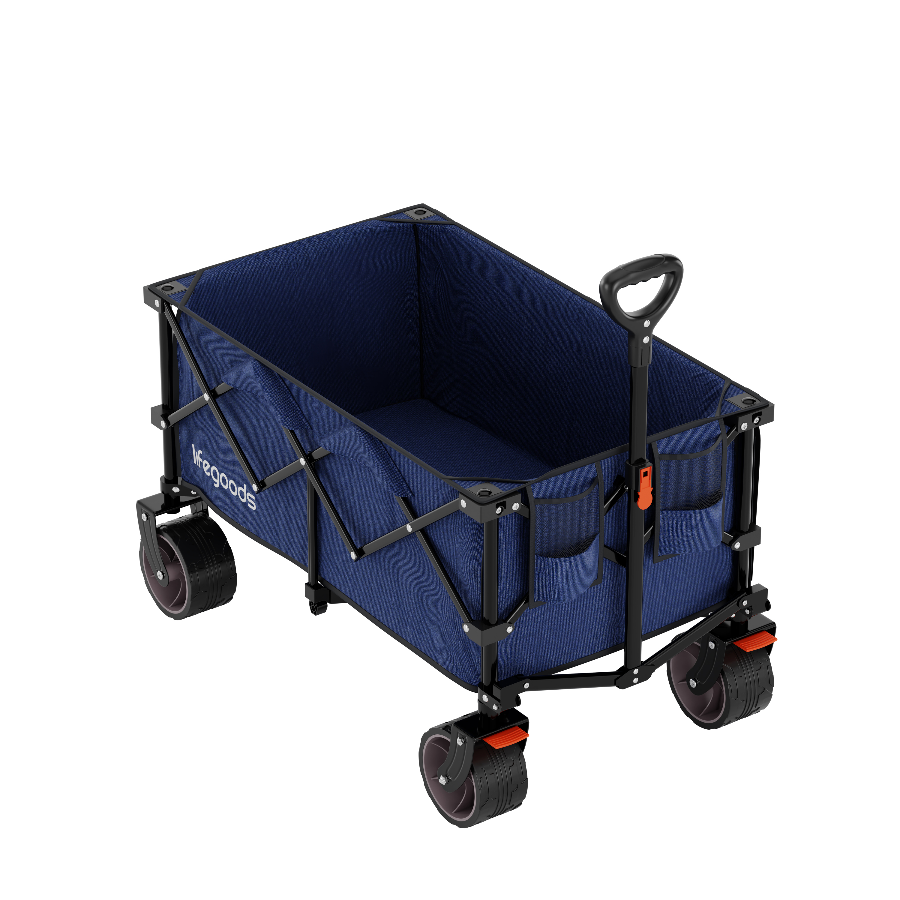 A navy blue folding wagon with a black frame, wheels, and handle.