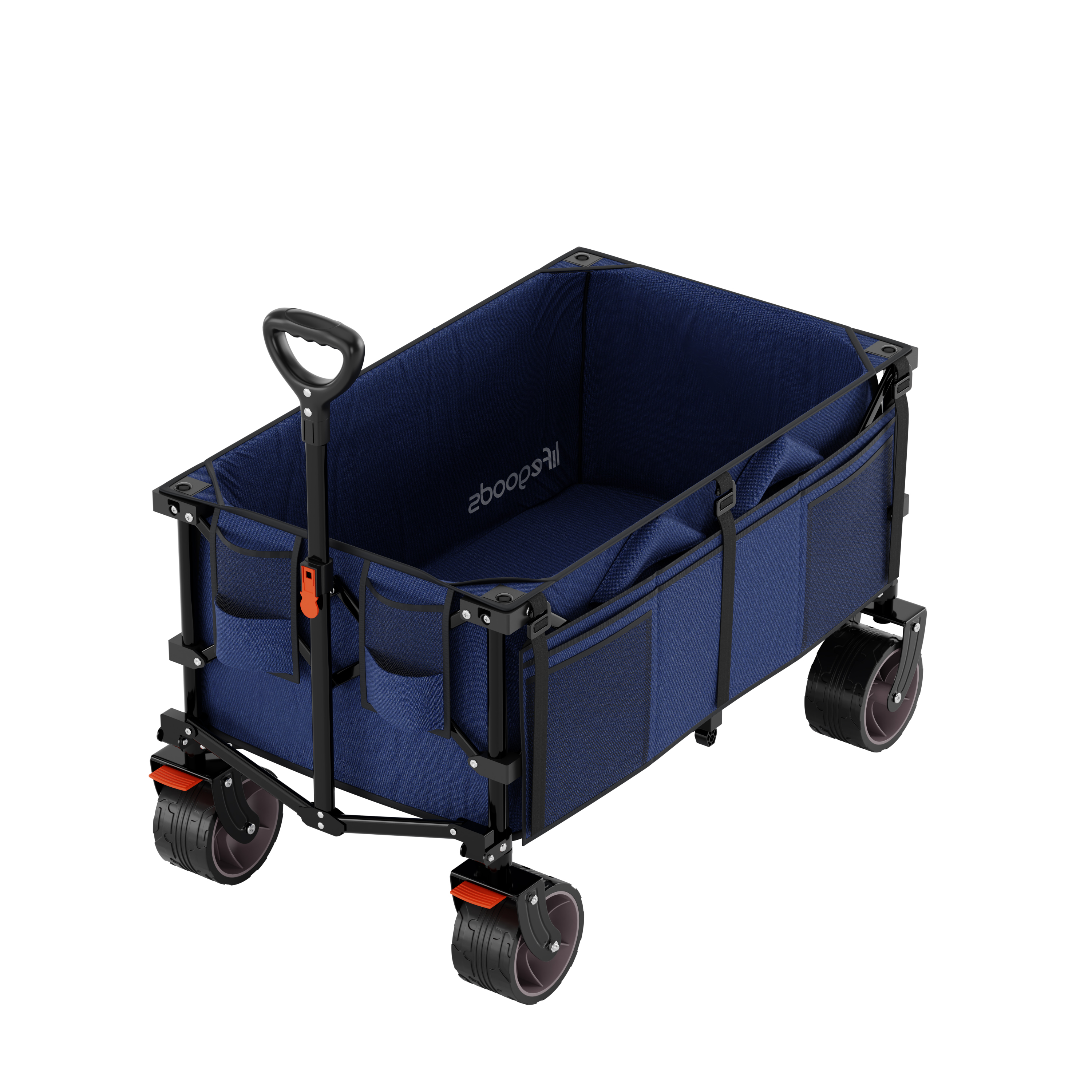 A blue fabric wagon with a black frame, wheels, and handle.