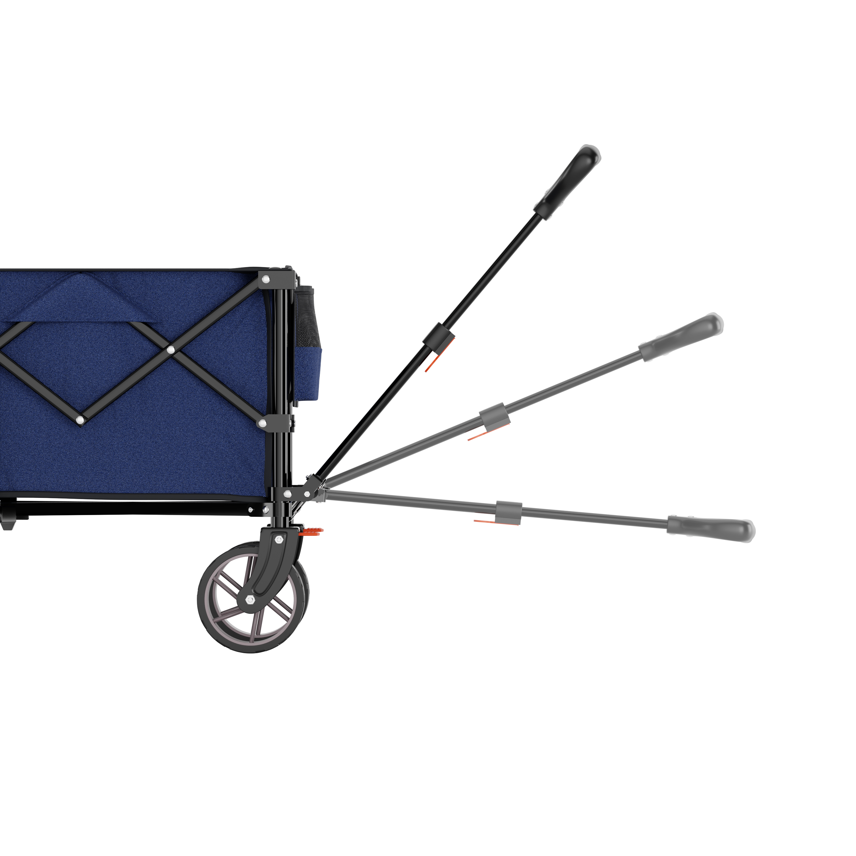 A blue fabric wagon with an extendable handle and one wheel.