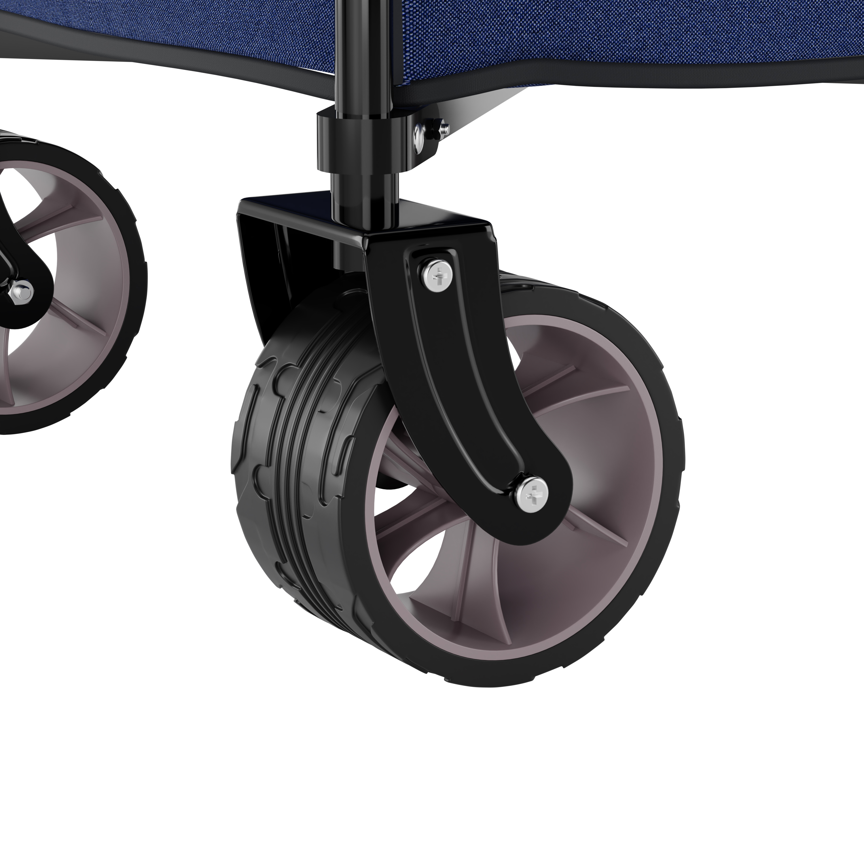 A blue fabric on a black metal frame with two wheels.