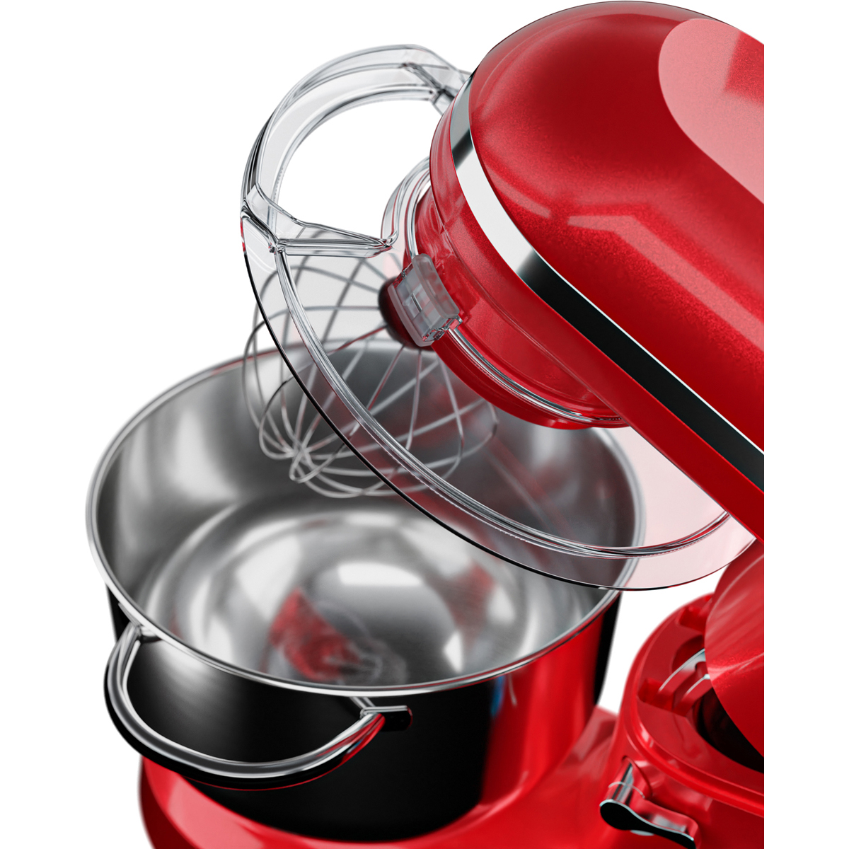 Un robot pâtissier rouge avec fouet et couvercle transparent est présenté.