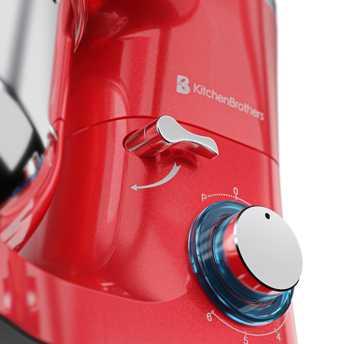Robot pâtissier rouge avec commandes chromées et molette de vitesse.