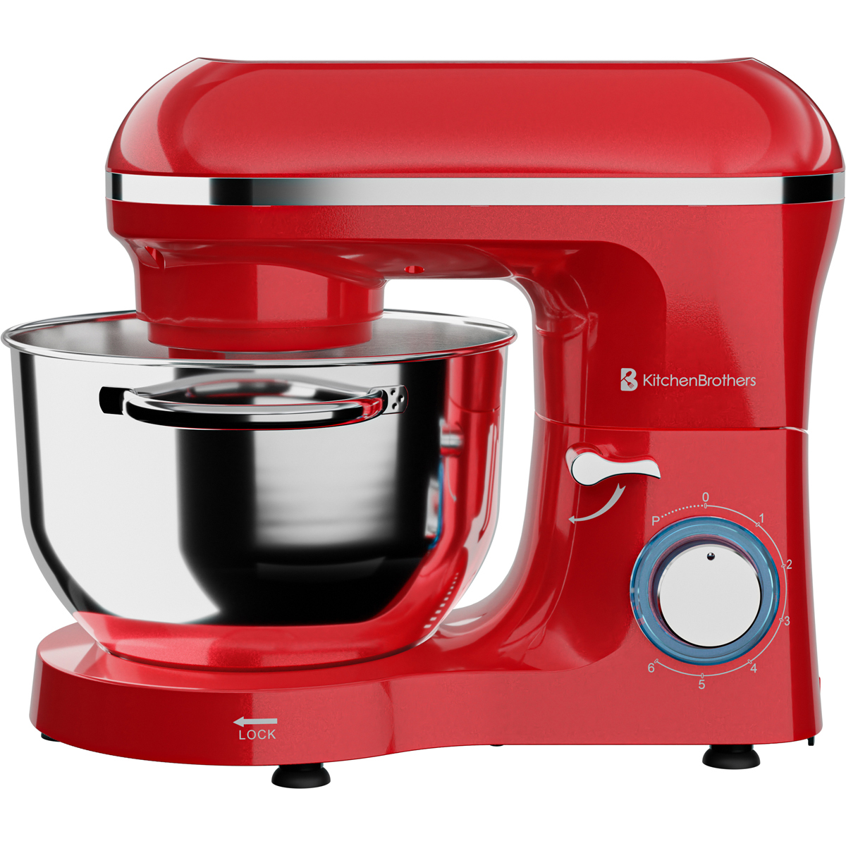 Robot pâtissier rouge avec bol en inox et commandes.