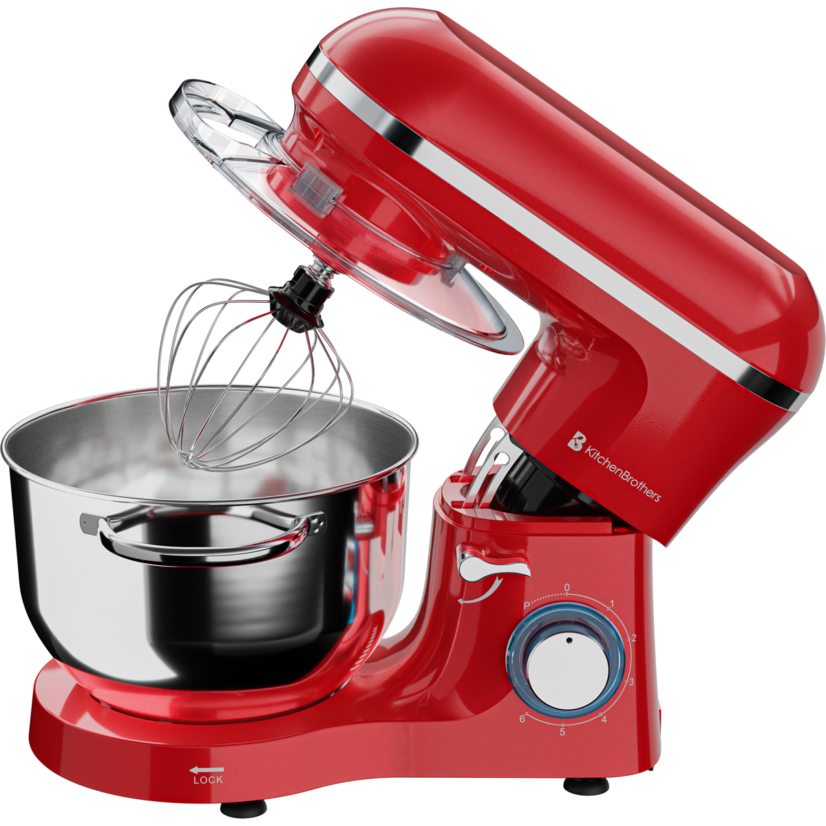Un robot pâtissier rouge KitchenBrothers avec bol chromé et fouet. Molette de réglage visible.