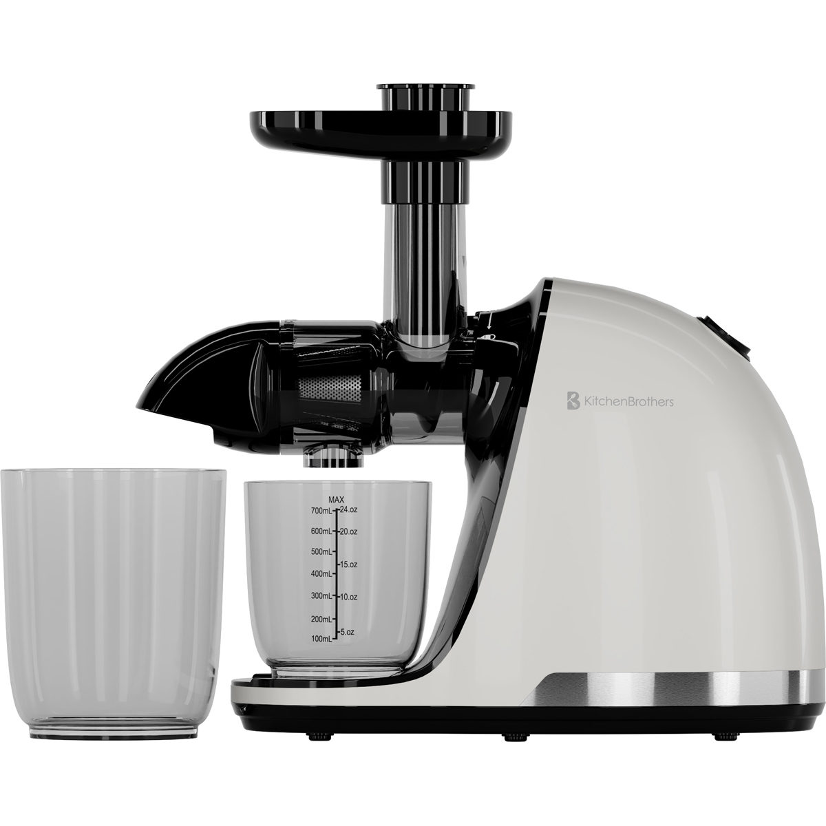 A white juicer with black accents and two clear containers.
