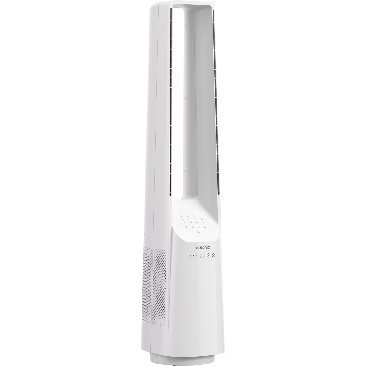 Ein weißer Turmventilator mit Bedienfeld und Lüftungsschlitzen auf weißem Hintergrund.