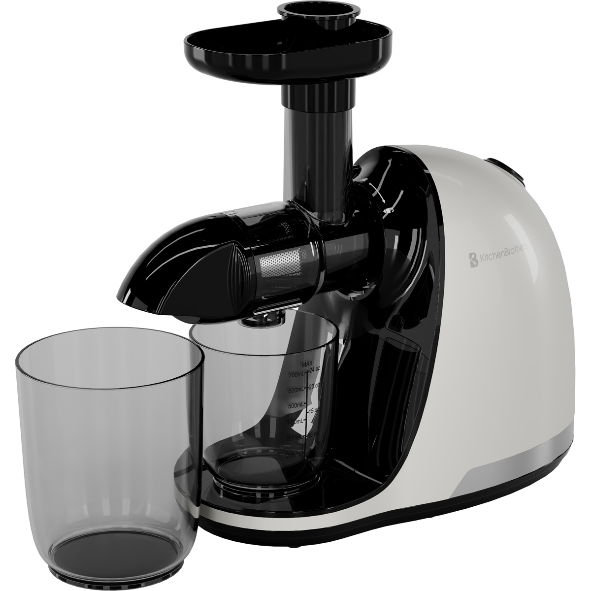 A white and black juicer with two containers on a white background.