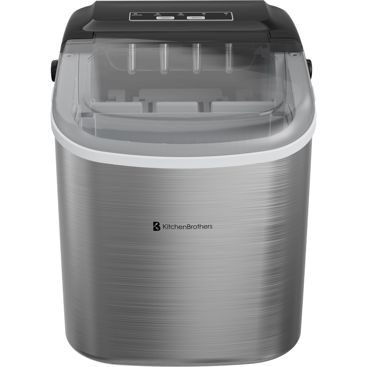 Silver ice maker with black top and transparent lid. Logo on front.