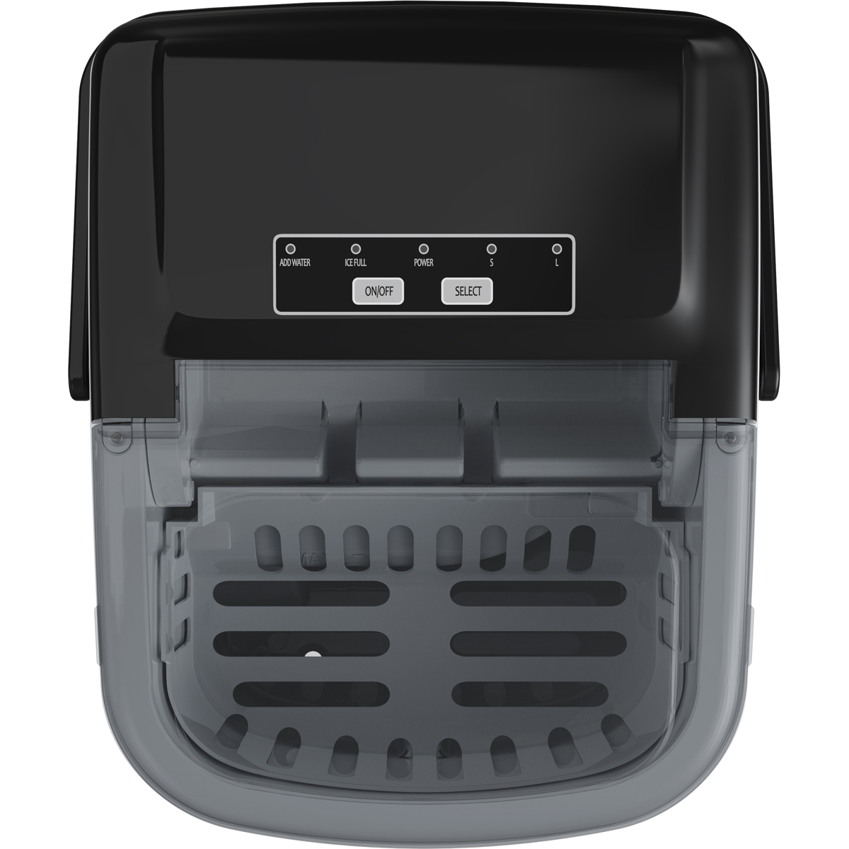 Black ice maker with a transparent ice bin and control panel.