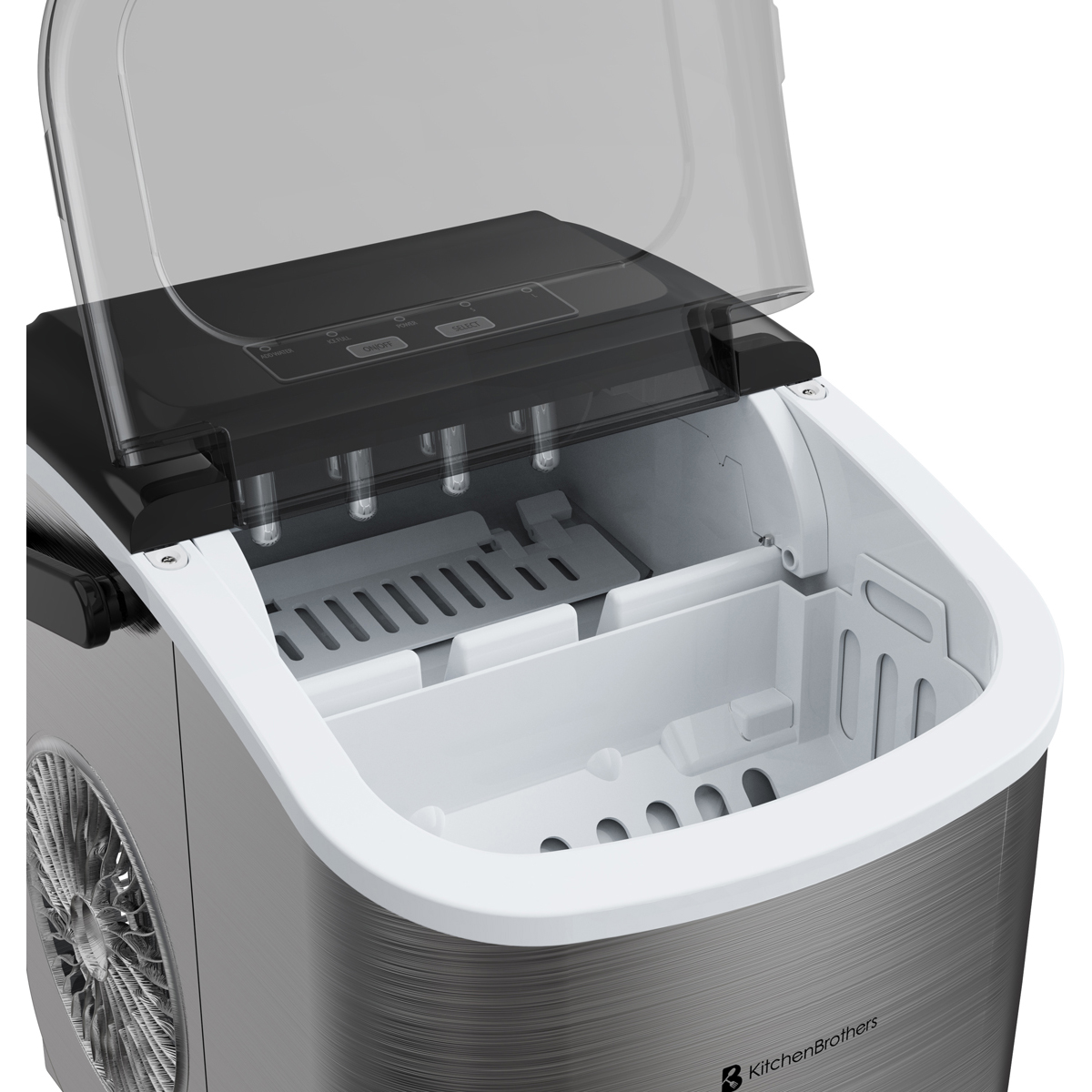 A silver ice maker with its lid open, showing ice molds inside.