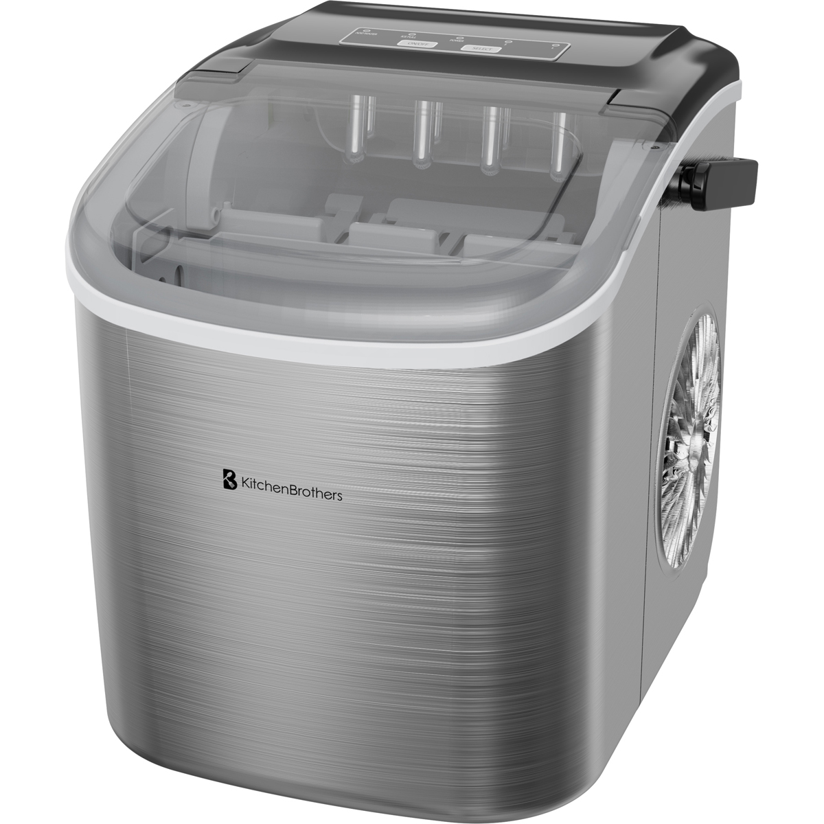 A silver ice maker with a transparent lid and control panel.