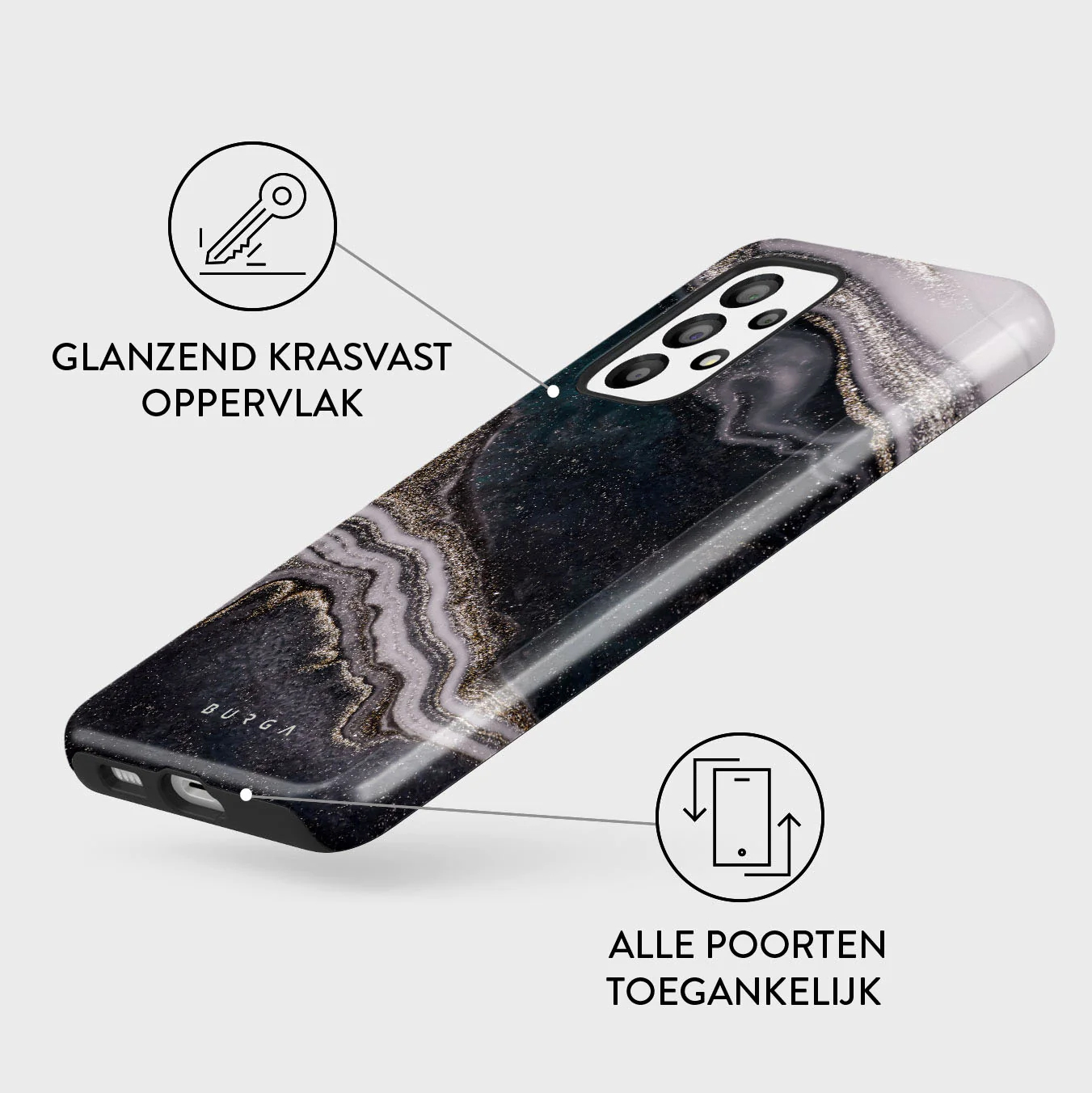Zwarte telefoonhoes met gemarmerd grijs en gouden patroon. Krasbestendig.