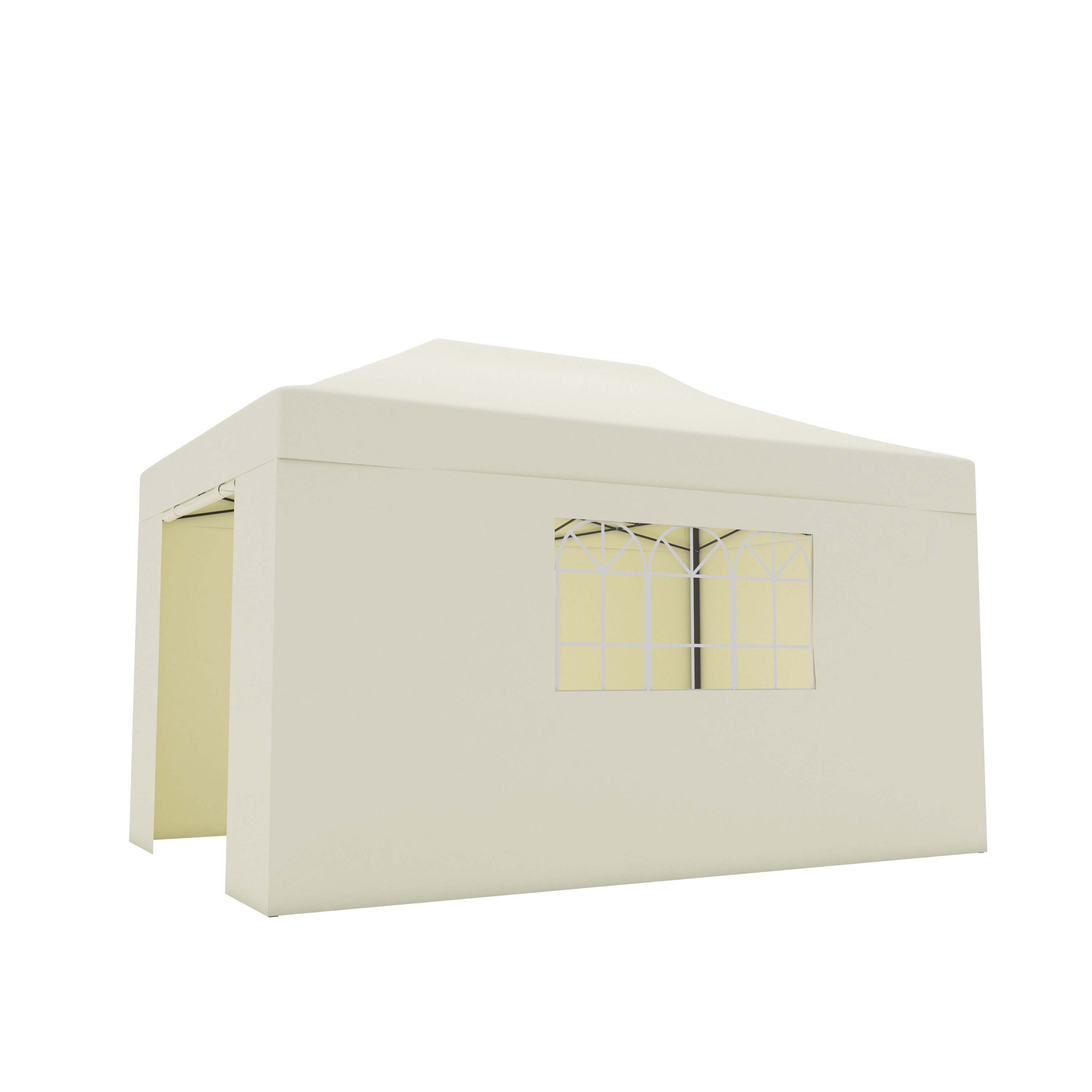 A cream-colored canopy tent with one window and an open entrance.