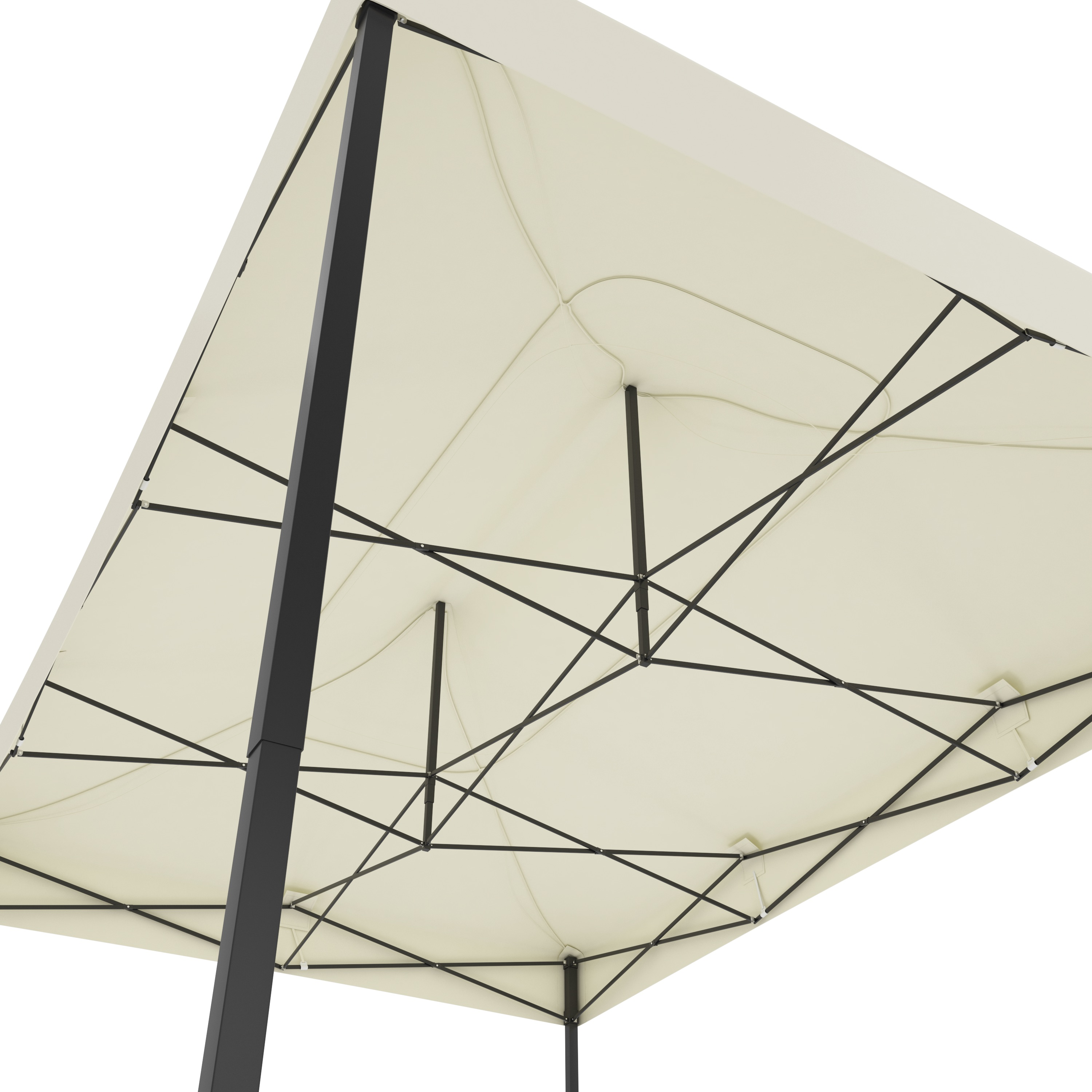 Underside of a light beige canopy with a black metal frame structure.