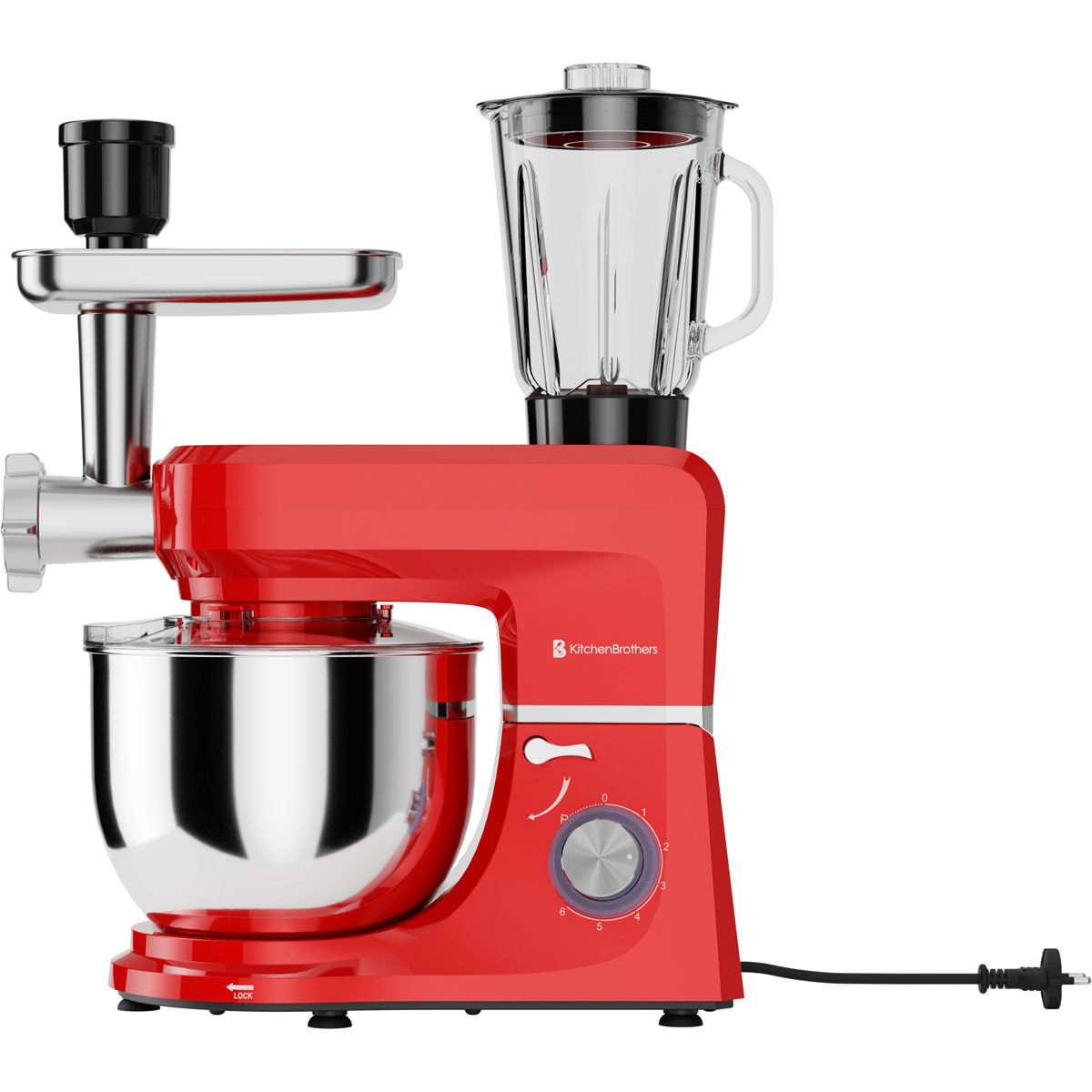 Een rode keukenmixer met vleesmolen en blenderopzetstuk.