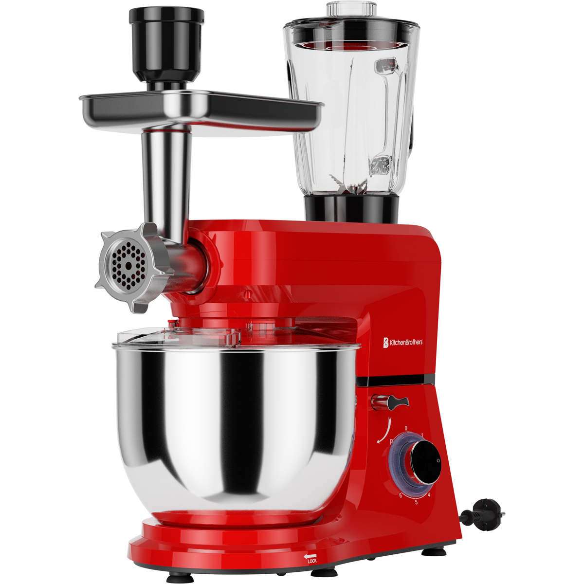 Een rode keukenmachine met vleesmolen en blenderopzetstuk.