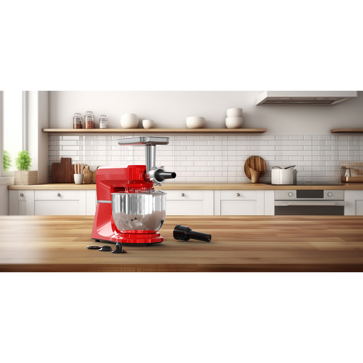 Een rode standmixer met vleesmolenopzetstuk staat op een houten aanrecht.