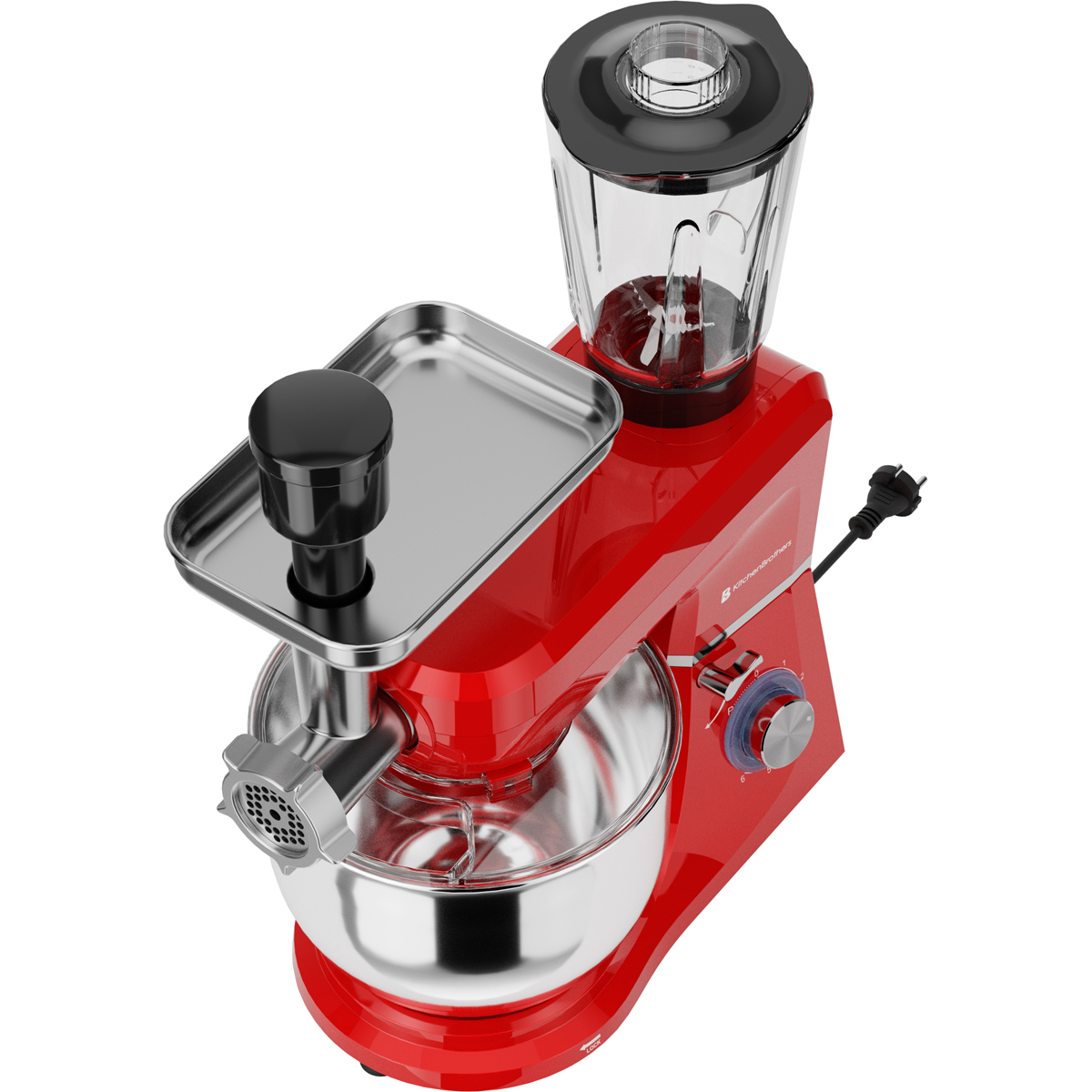 Een rode keukenmixer met vleesmolen en blenderopzetstuk, op witte achtergrond.