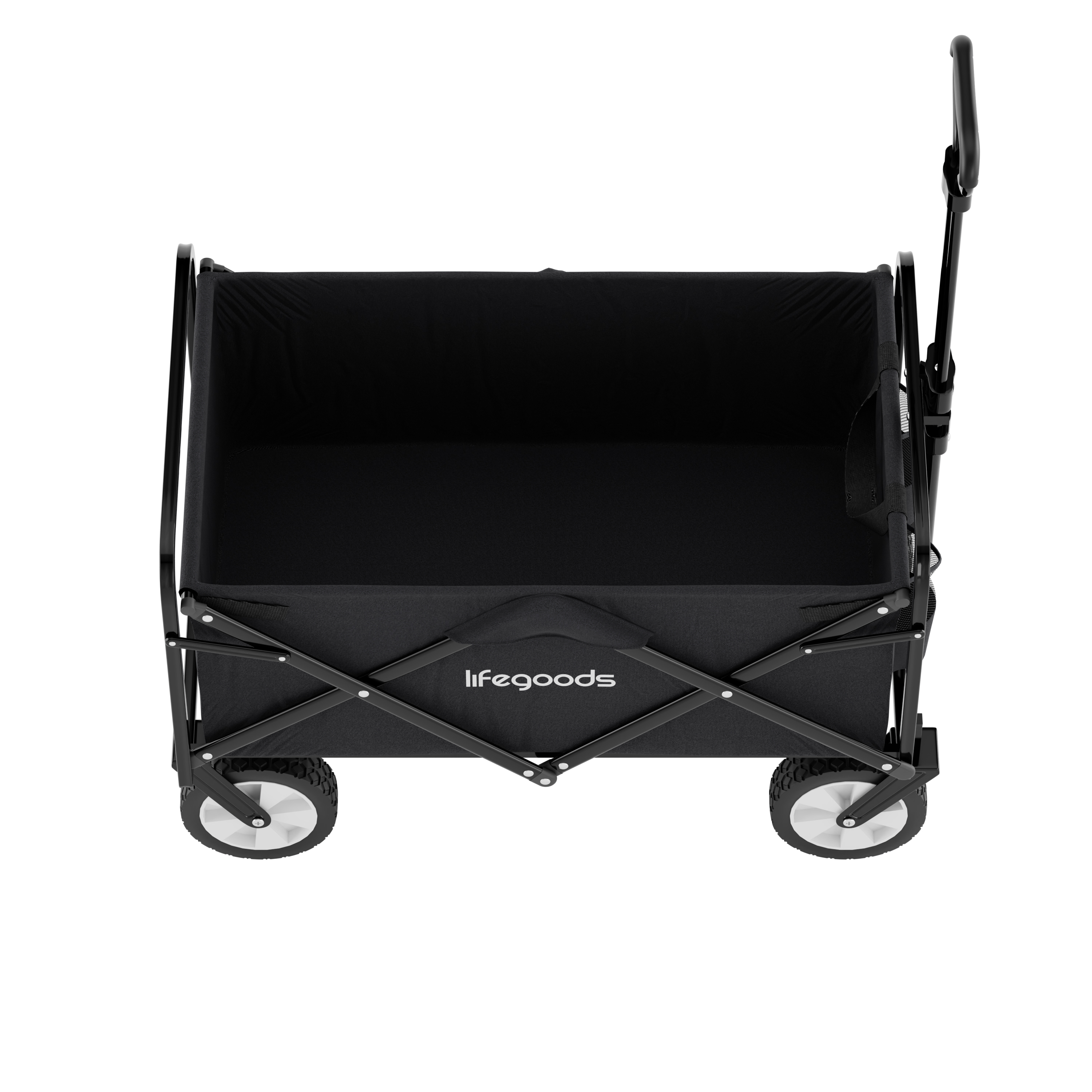 Black foldable wagon with handle and wheels, branded Lifegoods.