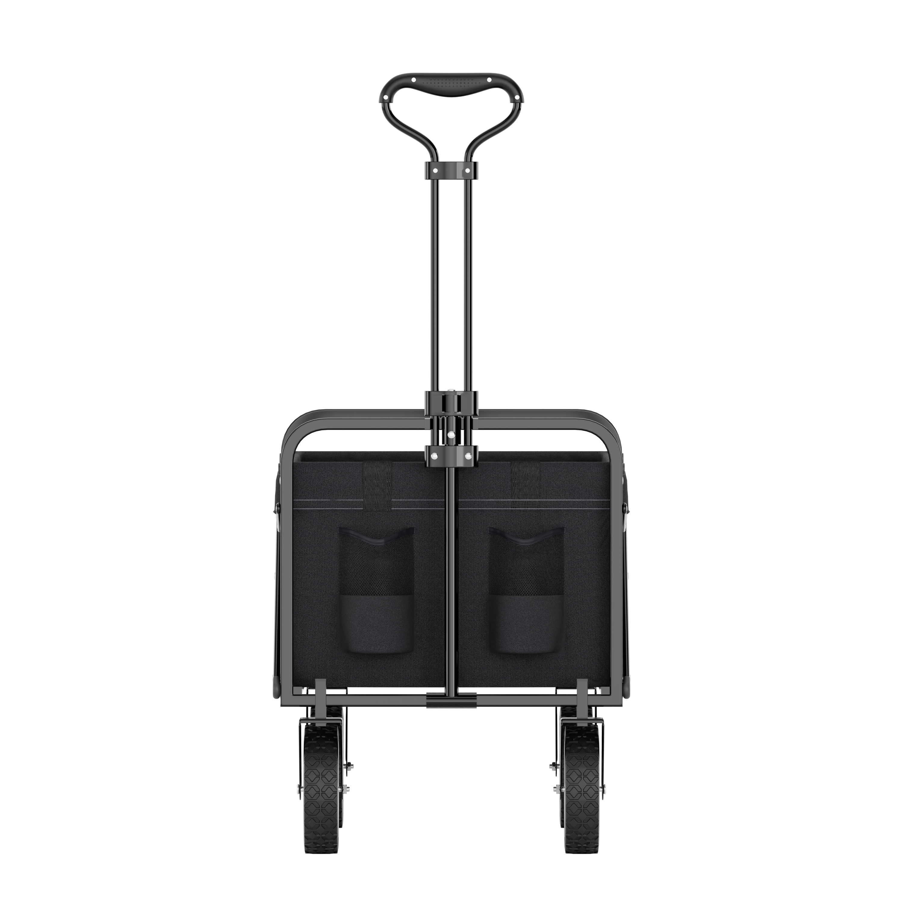 A black foldable utility cart with a handle and two wheels.