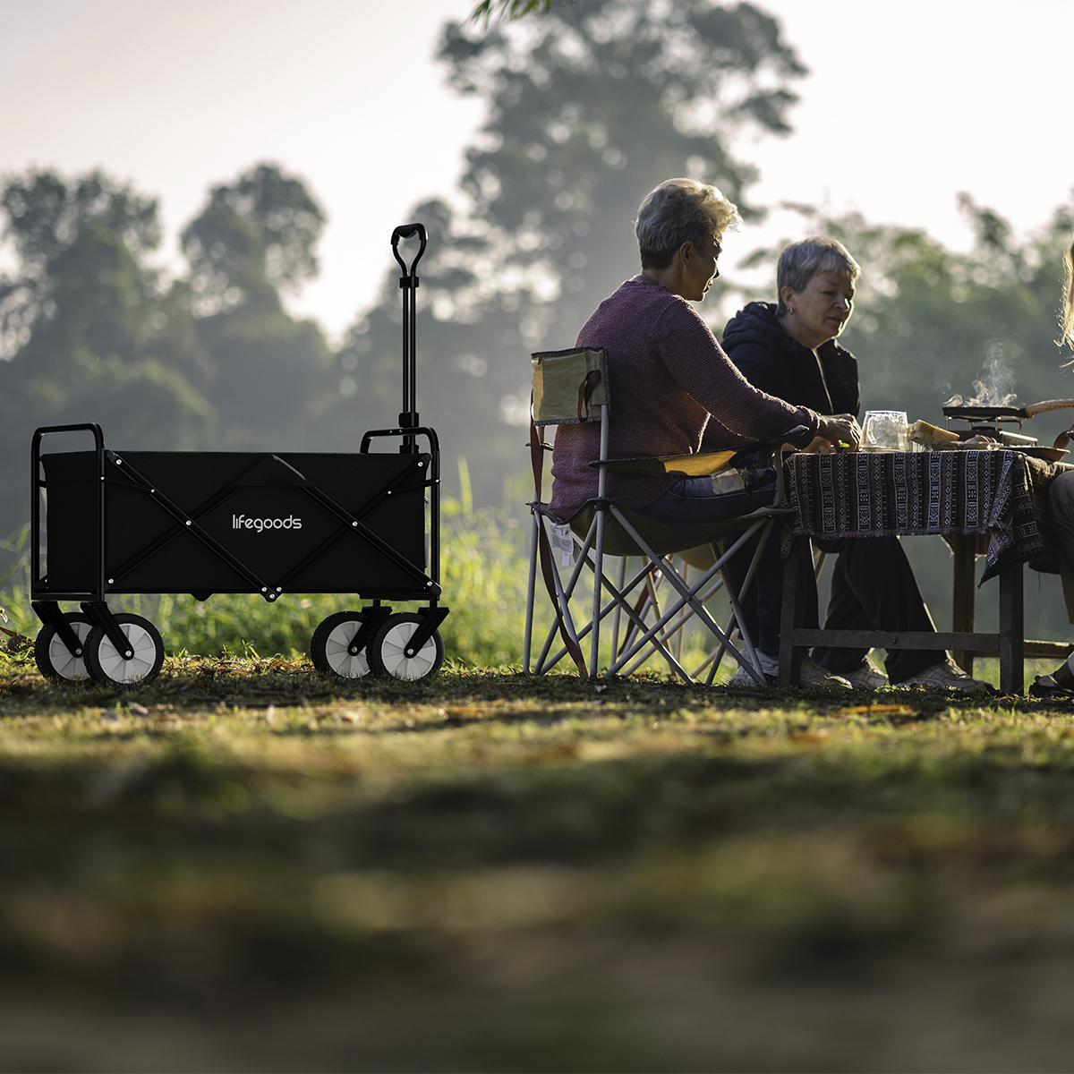 A black lifegoods wagon sits on grass near people dining at a picnic table.